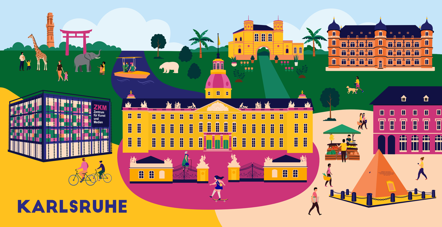 Illustratives Wandbild Karlsruhe Pyramide & Schloss Gottesaue