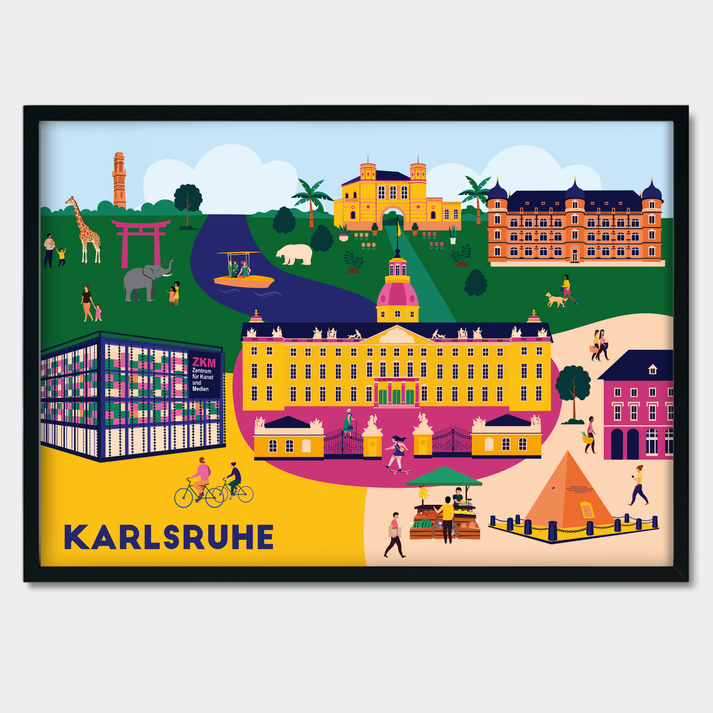 Poster Karlsruhe mit ZKM, Schloss und Marktplatz
