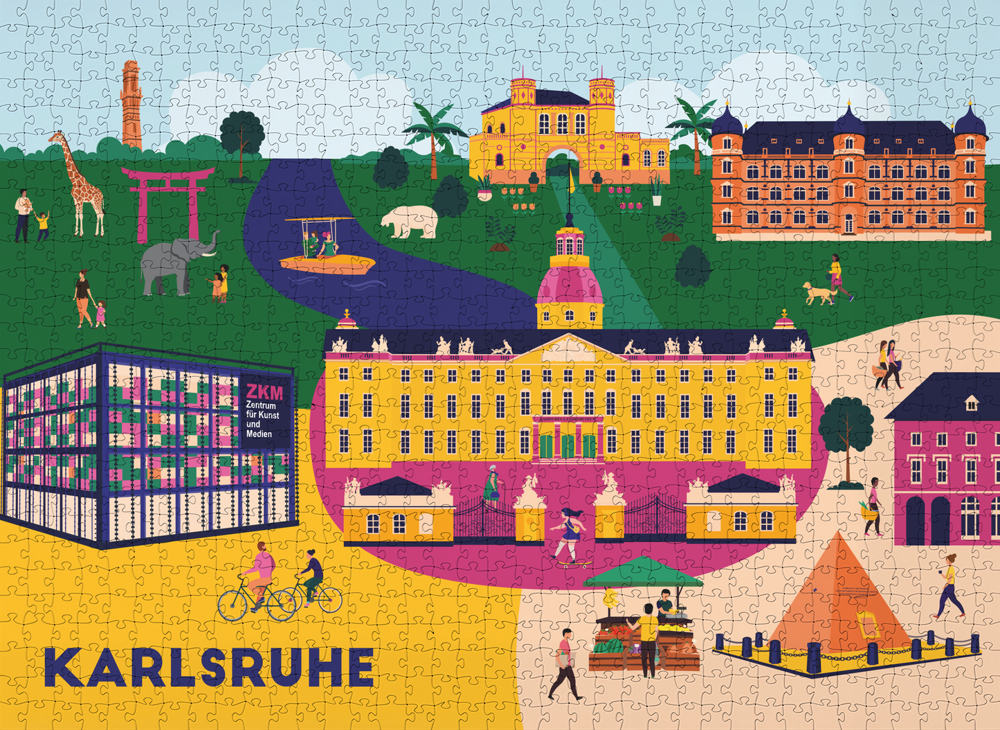 1000 Teile Karlsruhe Puzzle mit Stadtillustration und Wahrzeichen.