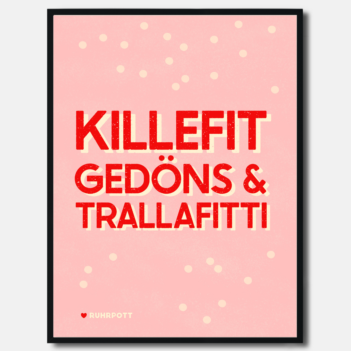 Poster mit Ruhrpott-Spruch "Killefit, Gedöns & Trallafitti" in roter Schrift auf rosa Hintergrund