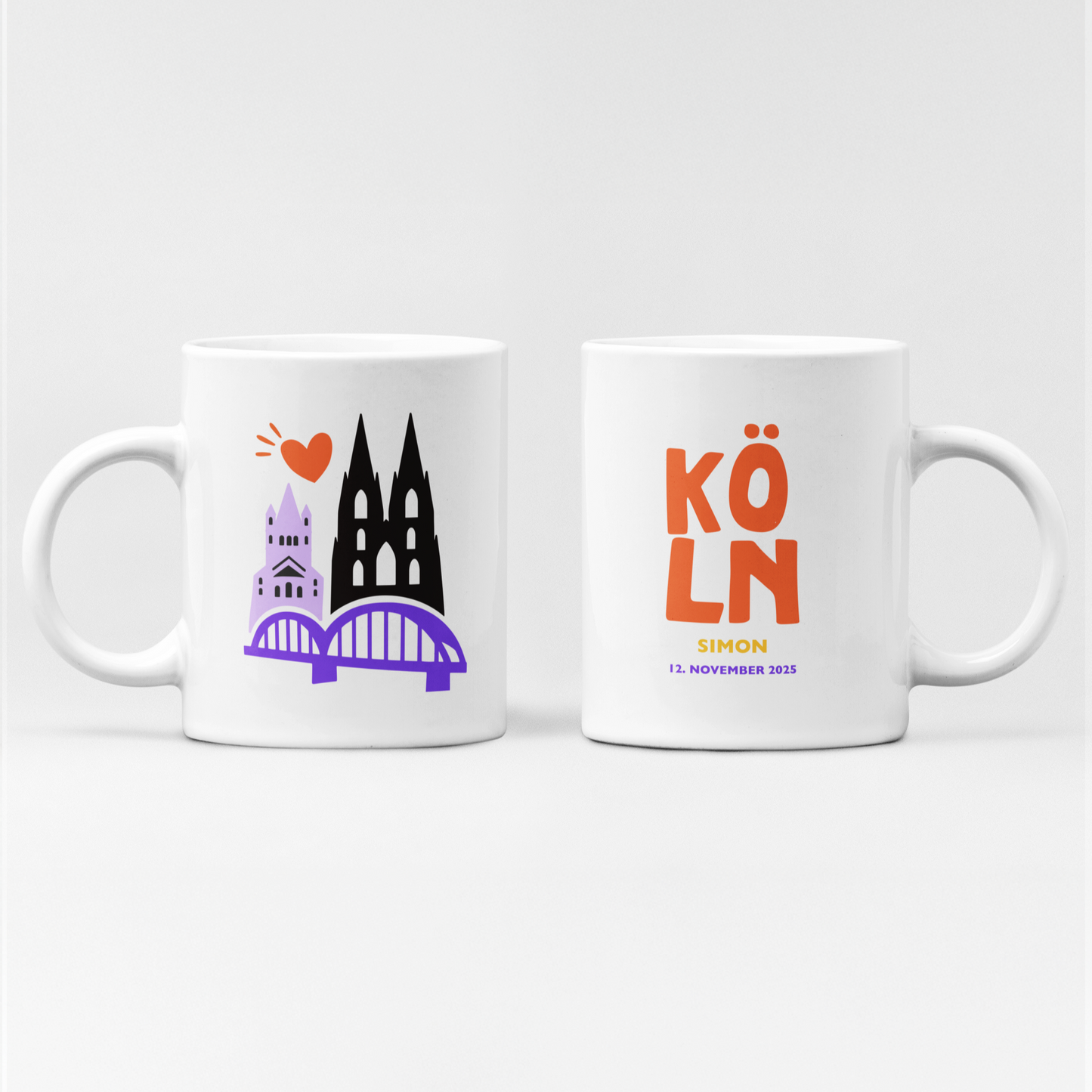 Personalisierte Köln-Tasse mit Dom, Hohenzollernbrücke und Herzsymbol