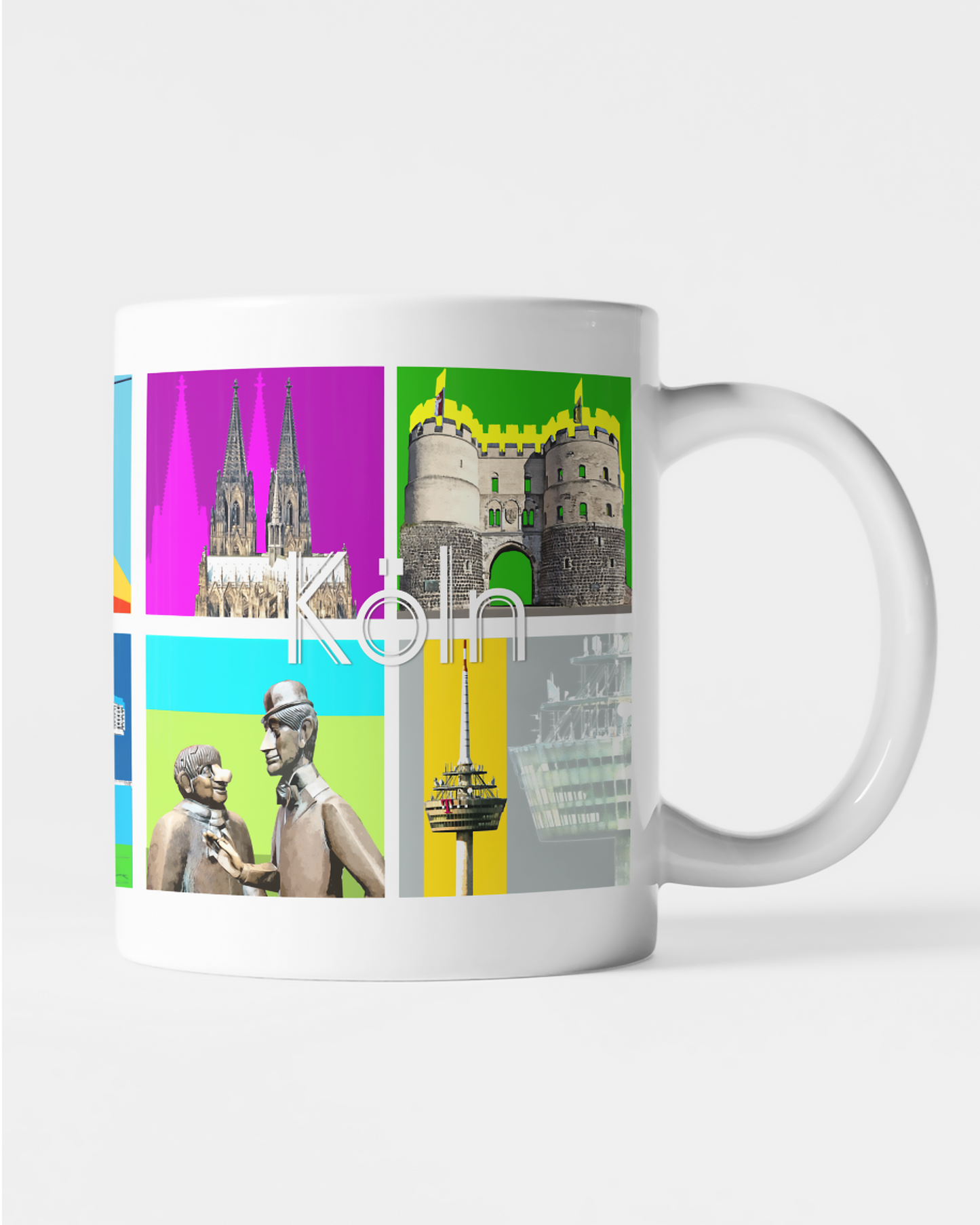 Weiße Keramiktasse mit farbenfrohem Köln-Motiv, gestaltet von Bernd Röttgers