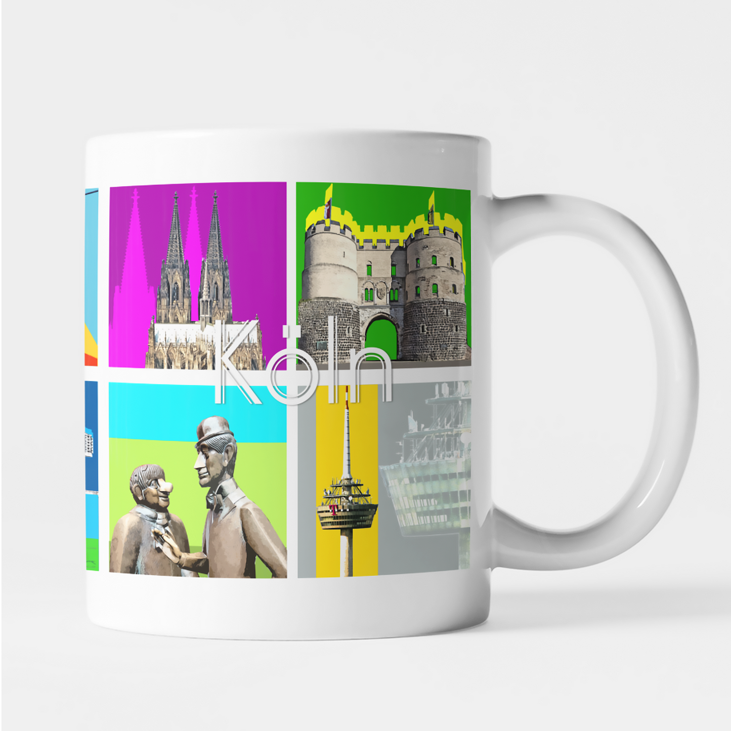 Weiße Keramiktasse mit farbenfrohem Köln-Motiv, gestaltet von Bernd Röttgers
