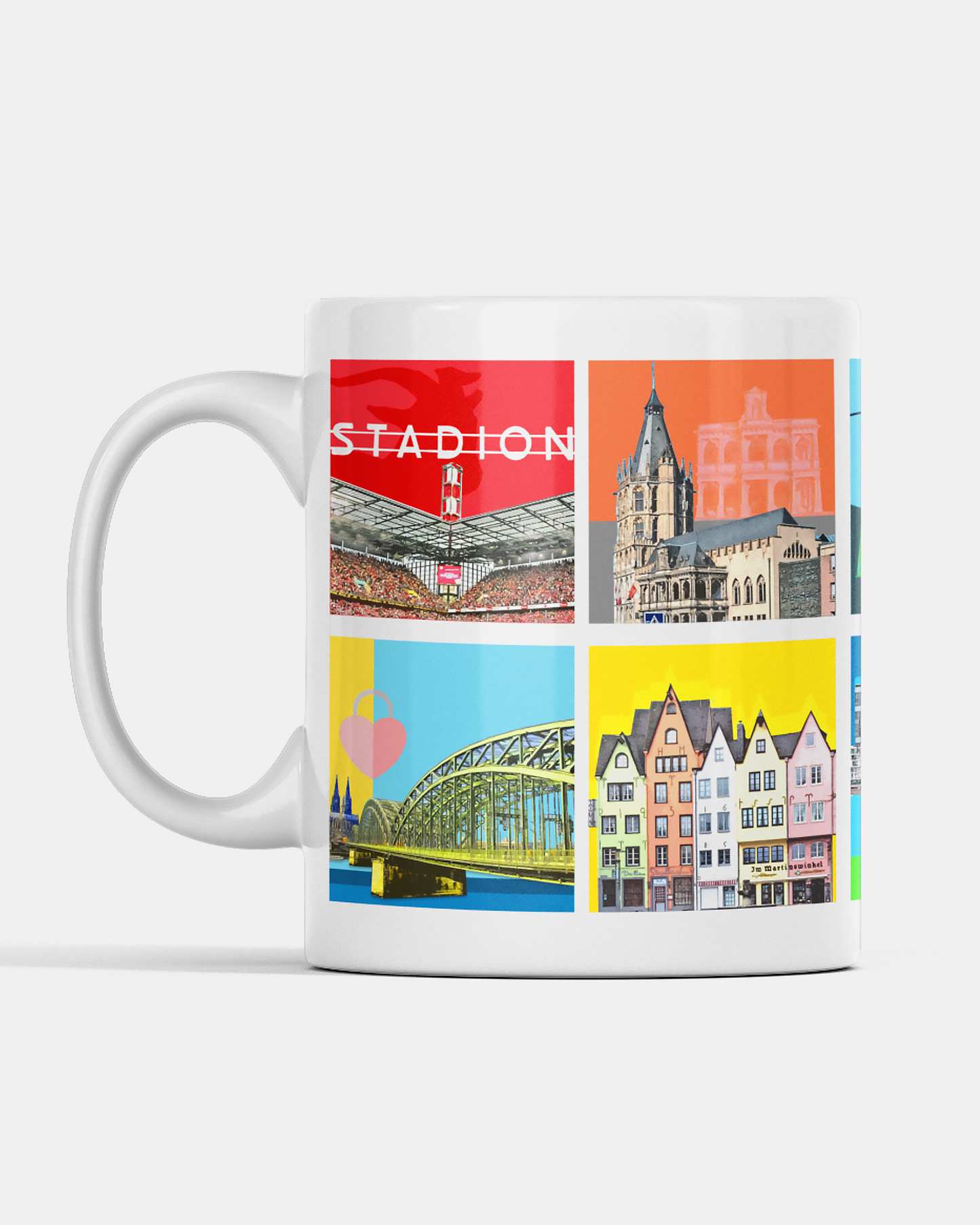 Köln-Tasse mit moderner Collage der Wahrzeichen der Stadt, beidseitig bedruckt.