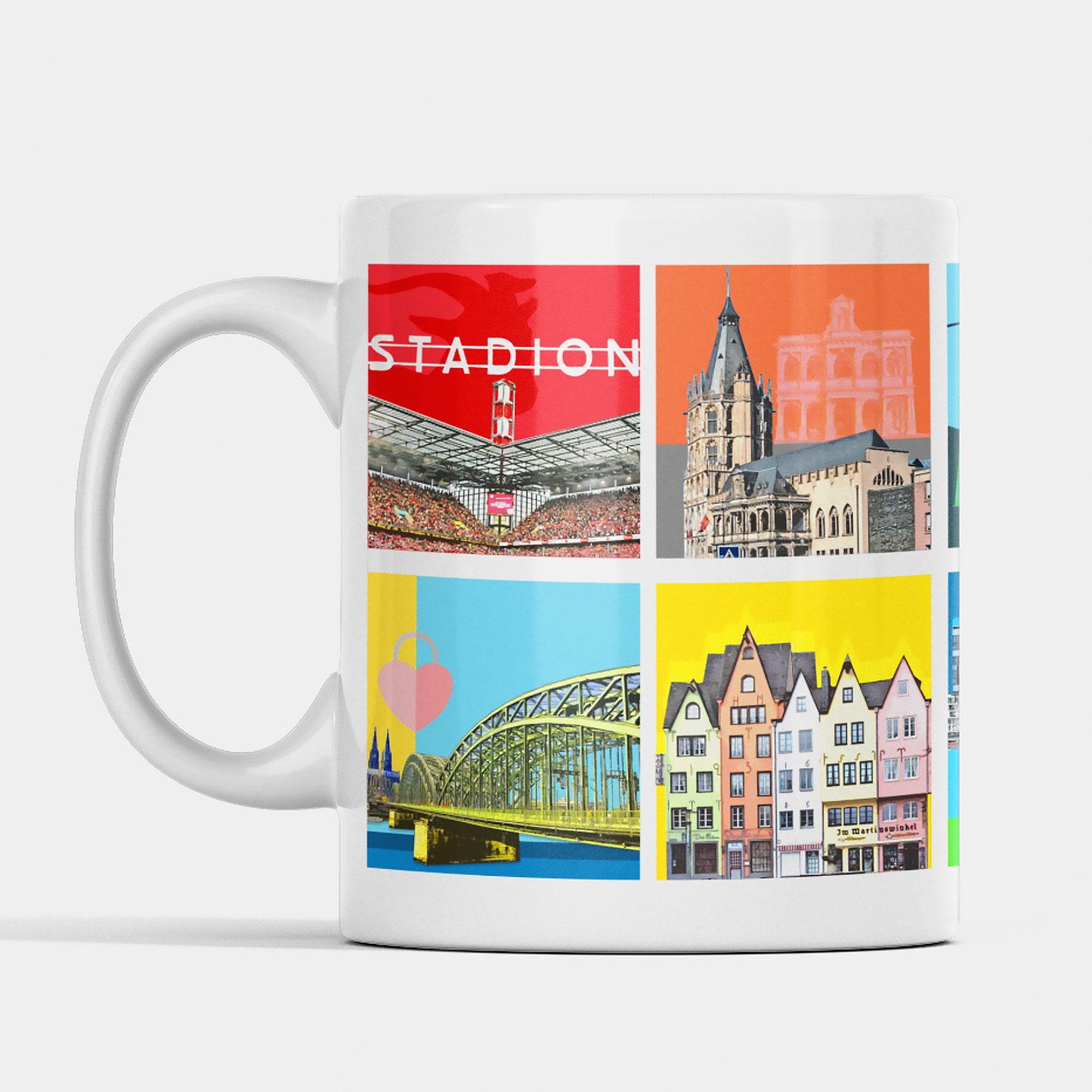 Köln-Tasse mit moderner Collage der Wahrzeichen der Stadt, beidseitig bedruckt.