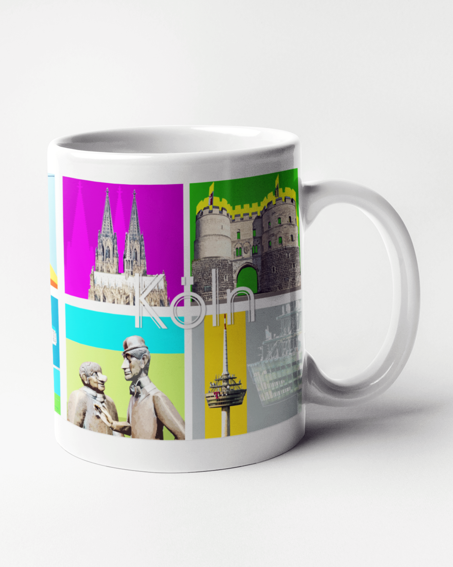 Hochwertige Kaffeetasse mit künstlerischer Illustration von Kölner Sehenswürdigkeiten.
