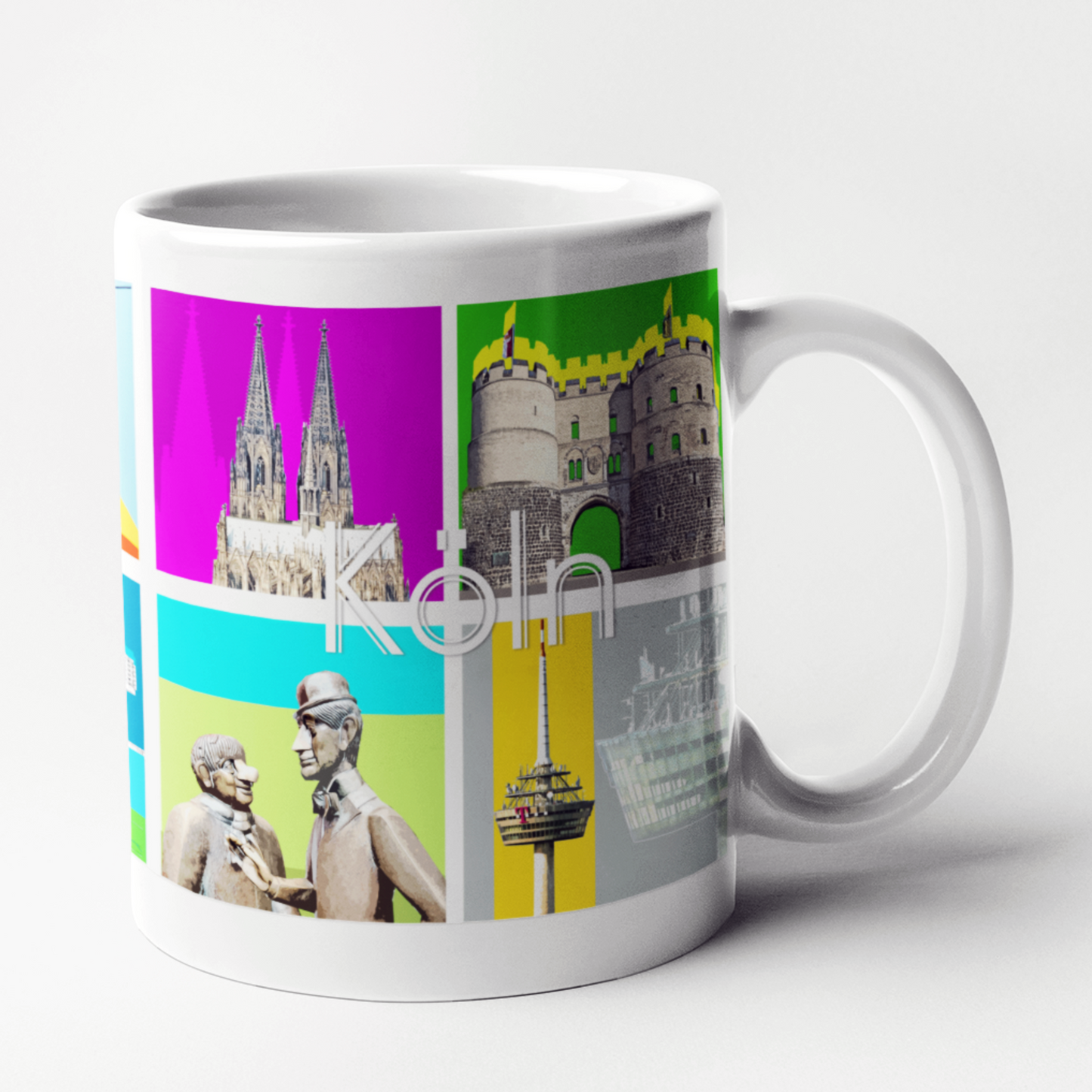 Hochwertige Kaffeetasse mit künstlerischer Illustration von Kölner Sehenswürdigkeiten.