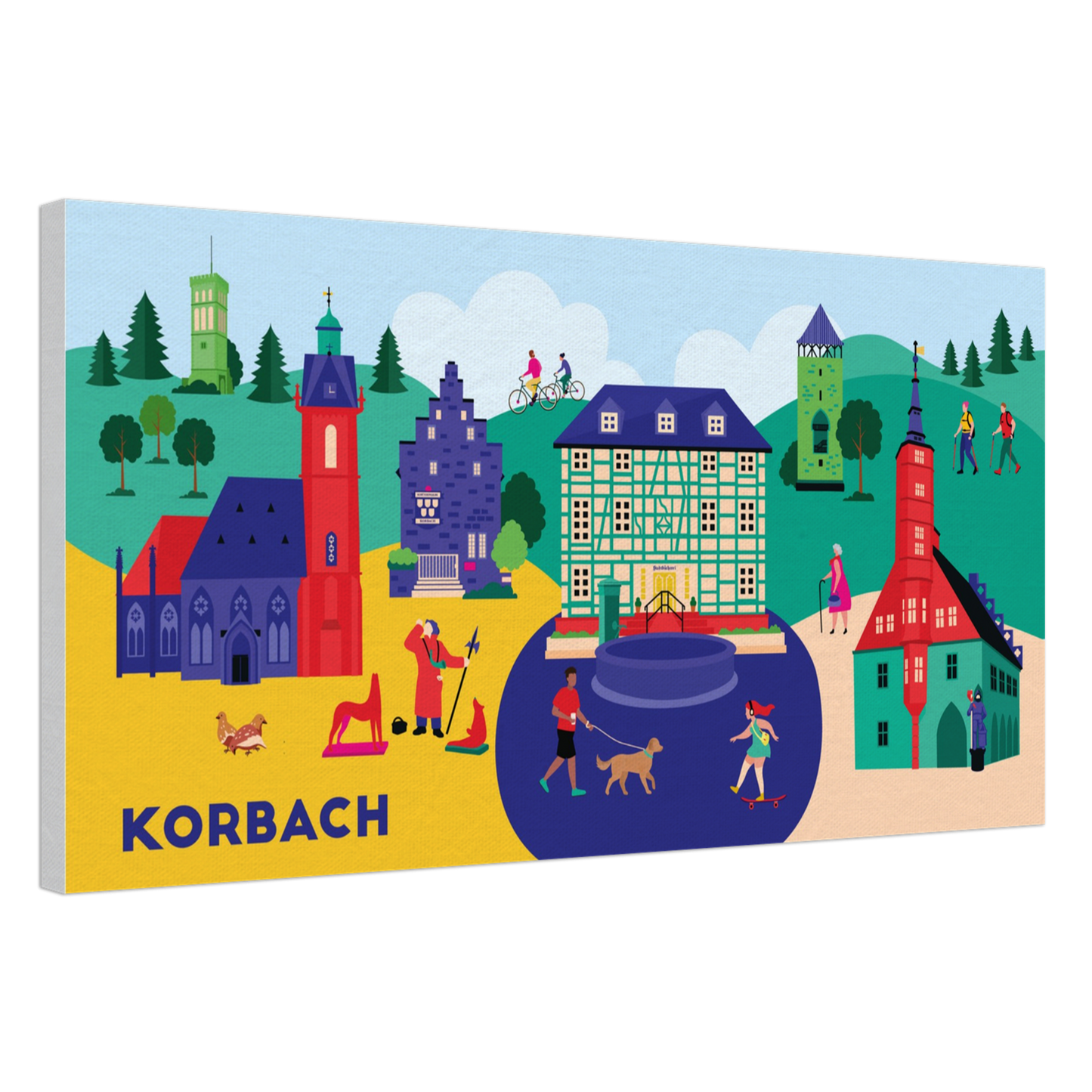 Urbanes Wandbild mit Wahrzeichen von Korbach – farbenfroh & stilisiert