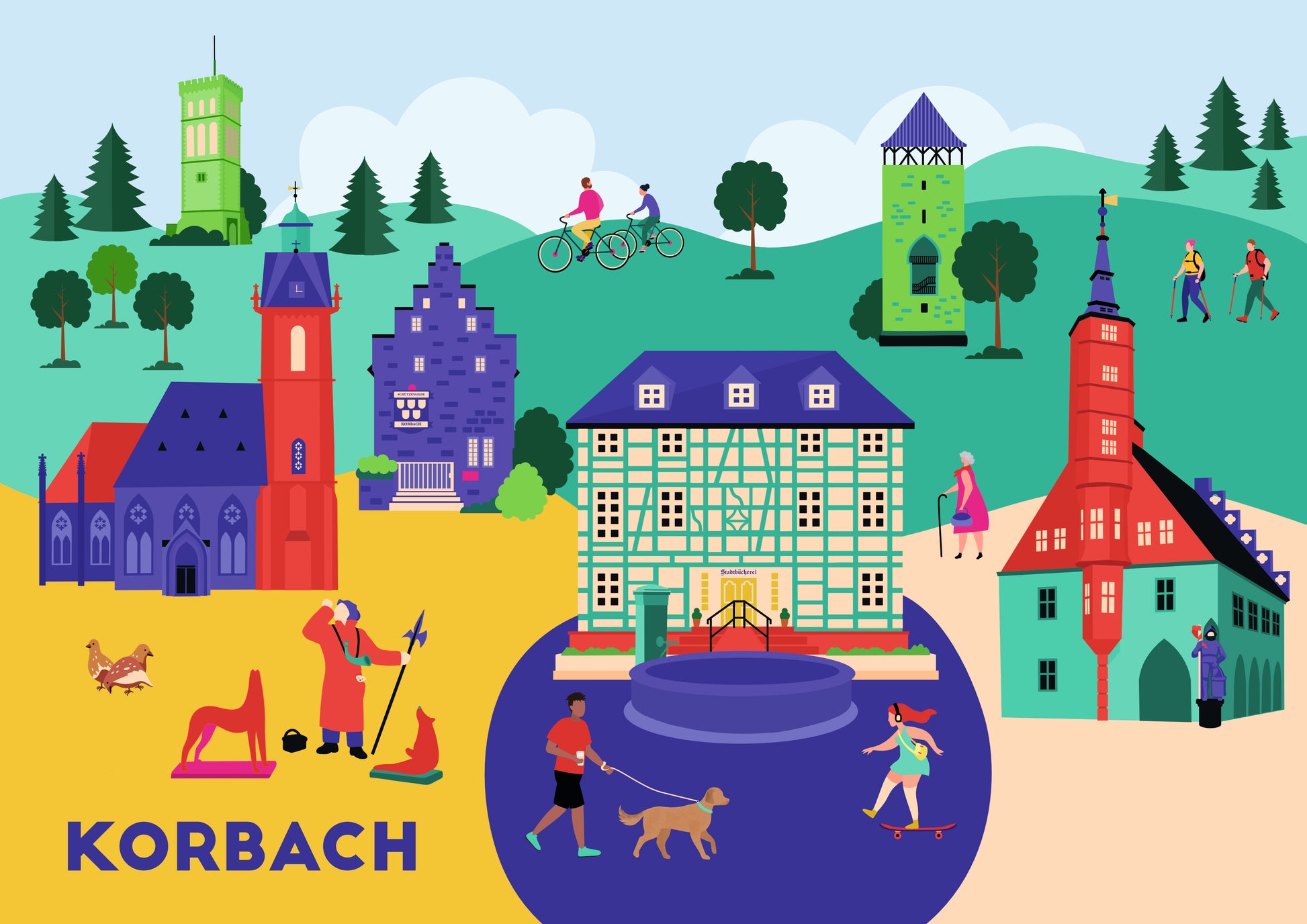 Korbach Farbig illustriertes Stadtposter Korbach mit Nachtwächter