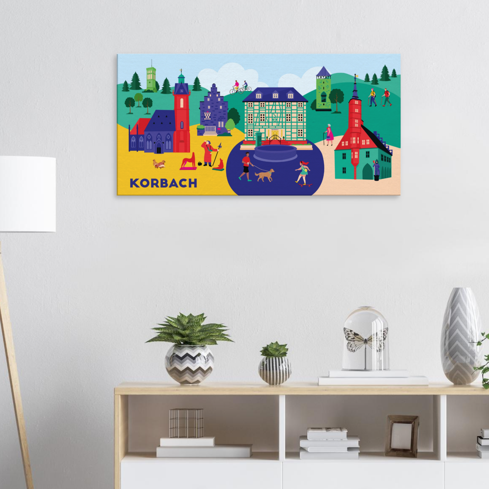 Farbenfrohe Korbach Leinwand als Wandbild mit Tylenturm, Stadtbücherei und Nachtwächter