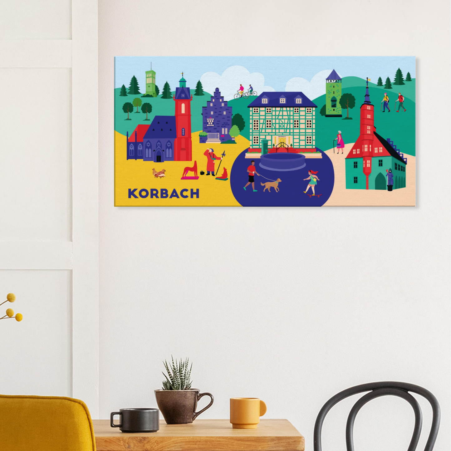 Korbach Leinwand mit Wahrzeichen wie Kilianskirche und Rathaus im modernen Stil illustriert