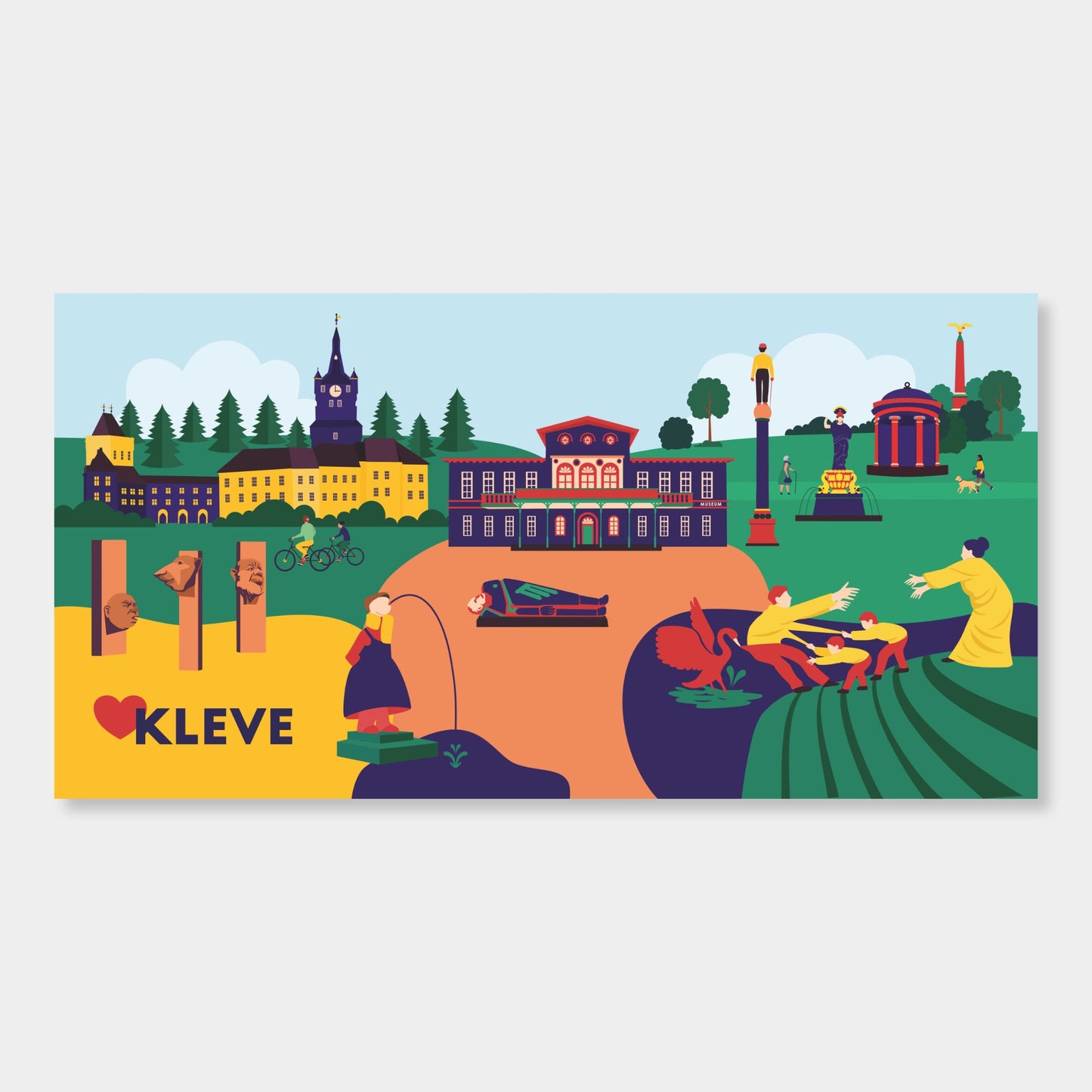 Farbenfroher Kunstdruck mit Klever Schwanenburg und Amphitheater