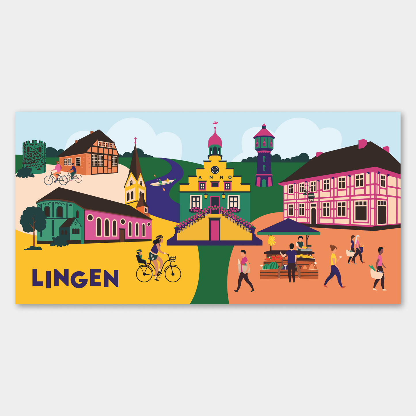 Farbige Leinwand mit Lingen-Silhouette: Rathaus, Wasserturm, Pulverturm, Posthalterei, Kutscherhaus, St. Bonifatius‑Kirche und Ems-Fluss.