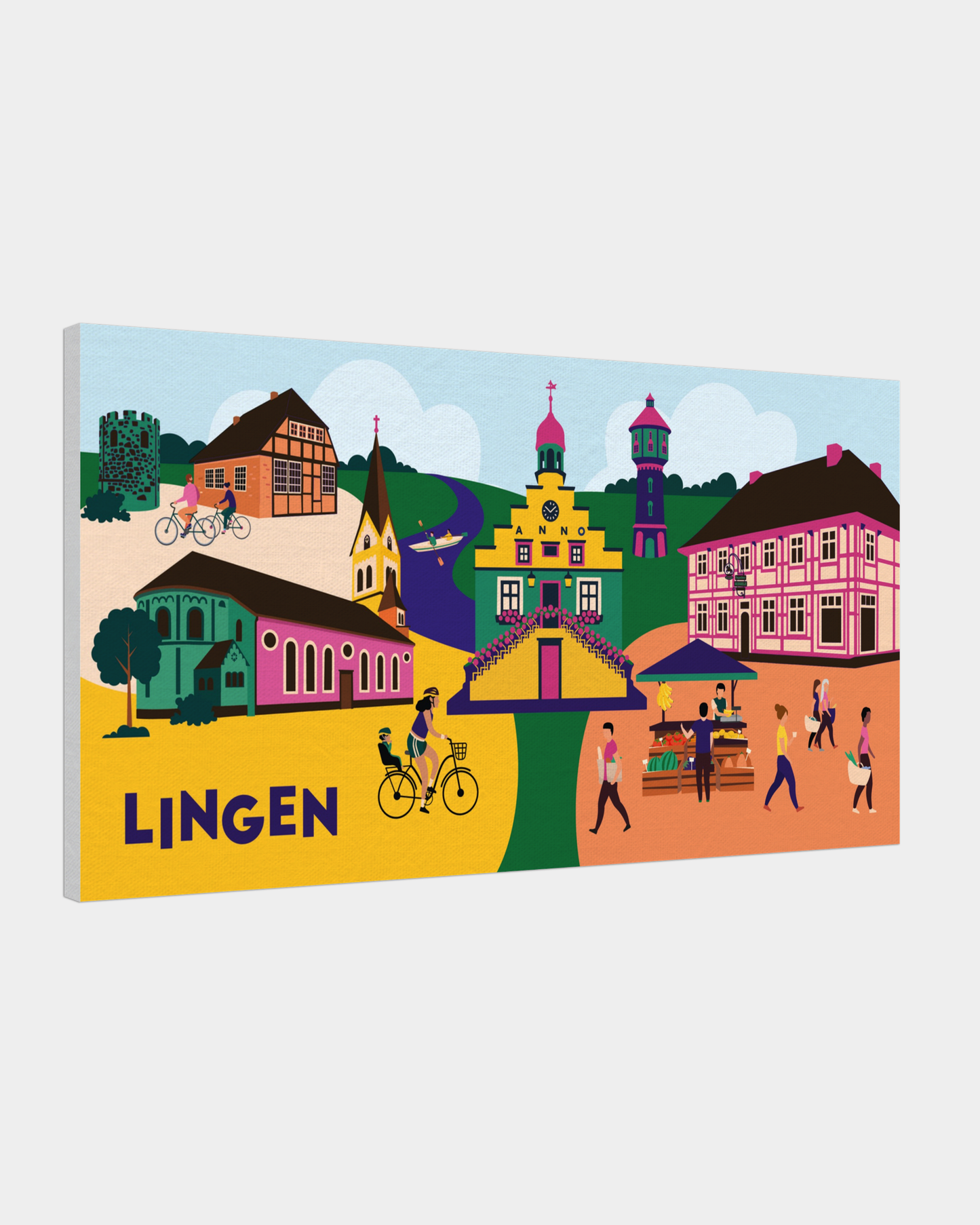Detailaufnahme Leinwand: Historisches Rathaus am Marktplatz von Lingen (Ems) über modernem Holzrahmen.