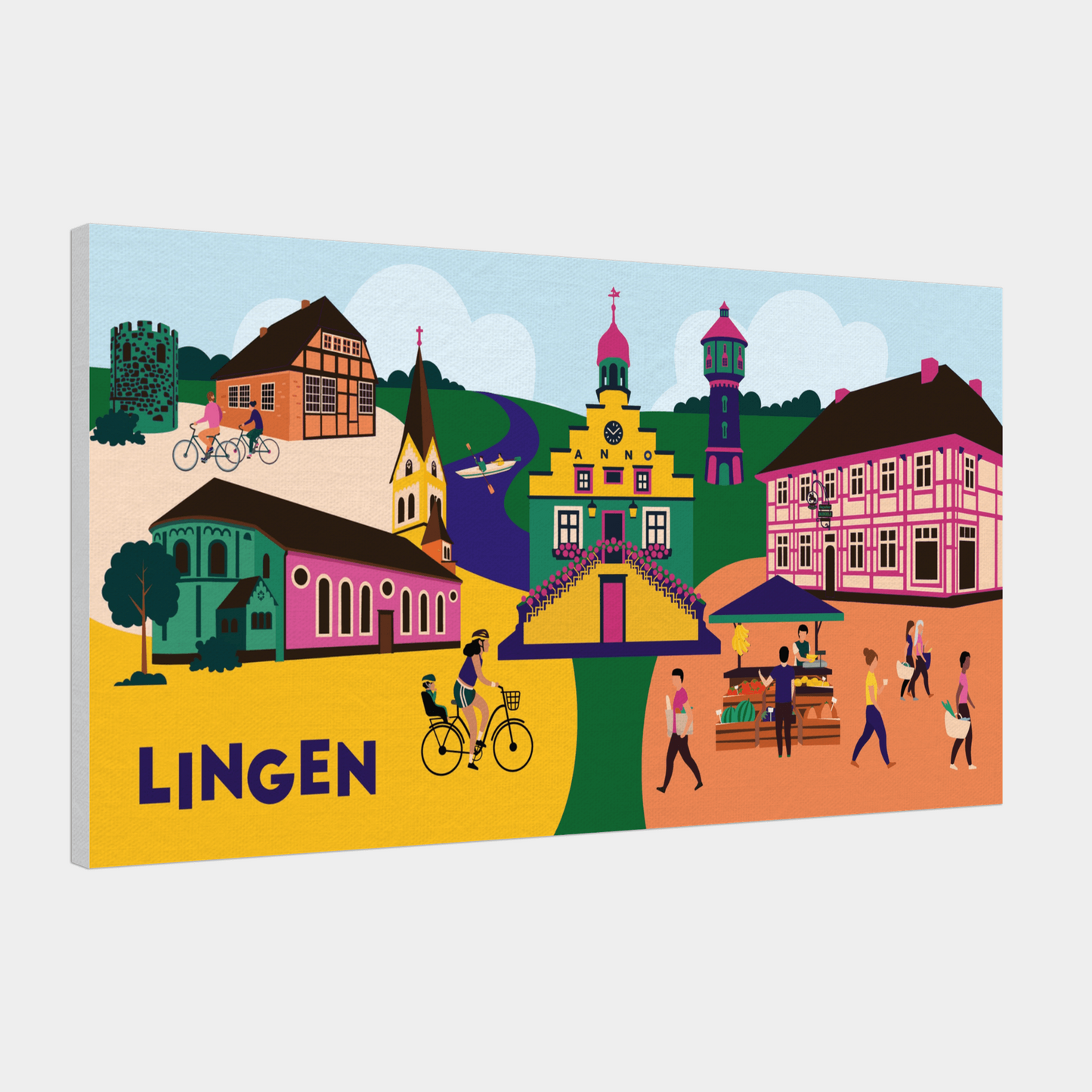 Detailaufnahme Leinwand: Historisches Rathaus am Marktplatz von Lingen (Ems) über modernem Holzrahmen.