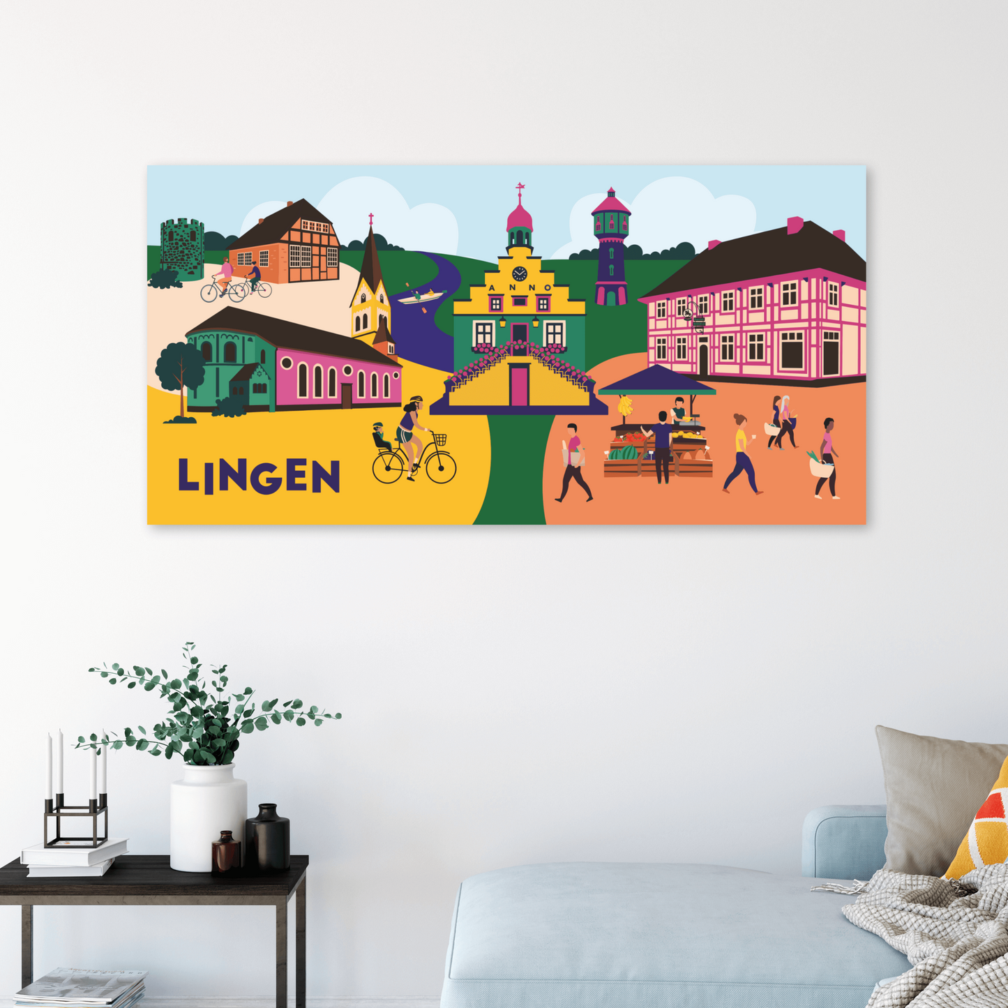 Illustration Lingen auf Leinwand: Alte Posthalterei und Pulverturm, bunt und lebendig auf Wandbild.