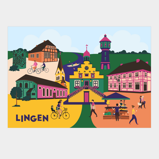 Illustration von Lingen mit Sehenswürdigkeiten im Pop-Art Stil