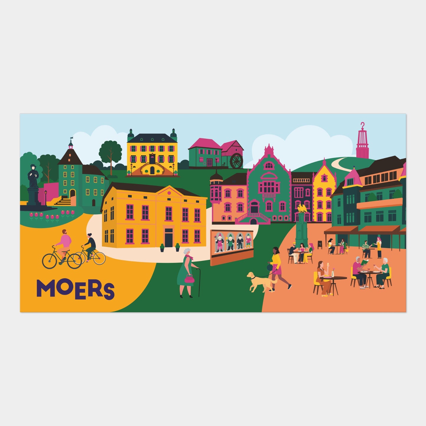 Leinwand mit moderner Moers-Illustration – inklusive Schloss, Geleucht und Altmarkt