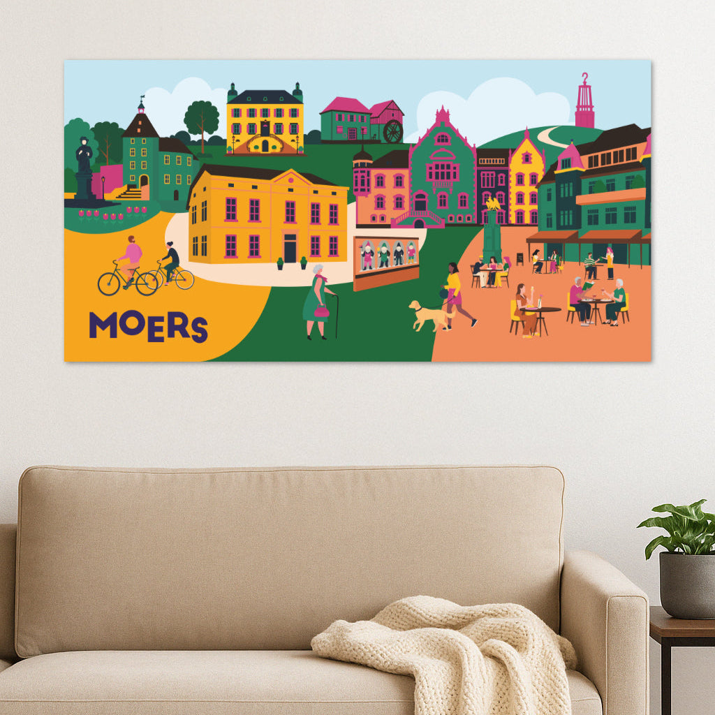Farbenfrohe Stadtillustration von Moers – mit Halde Rheinpreußen und Altstadtmotiven.
