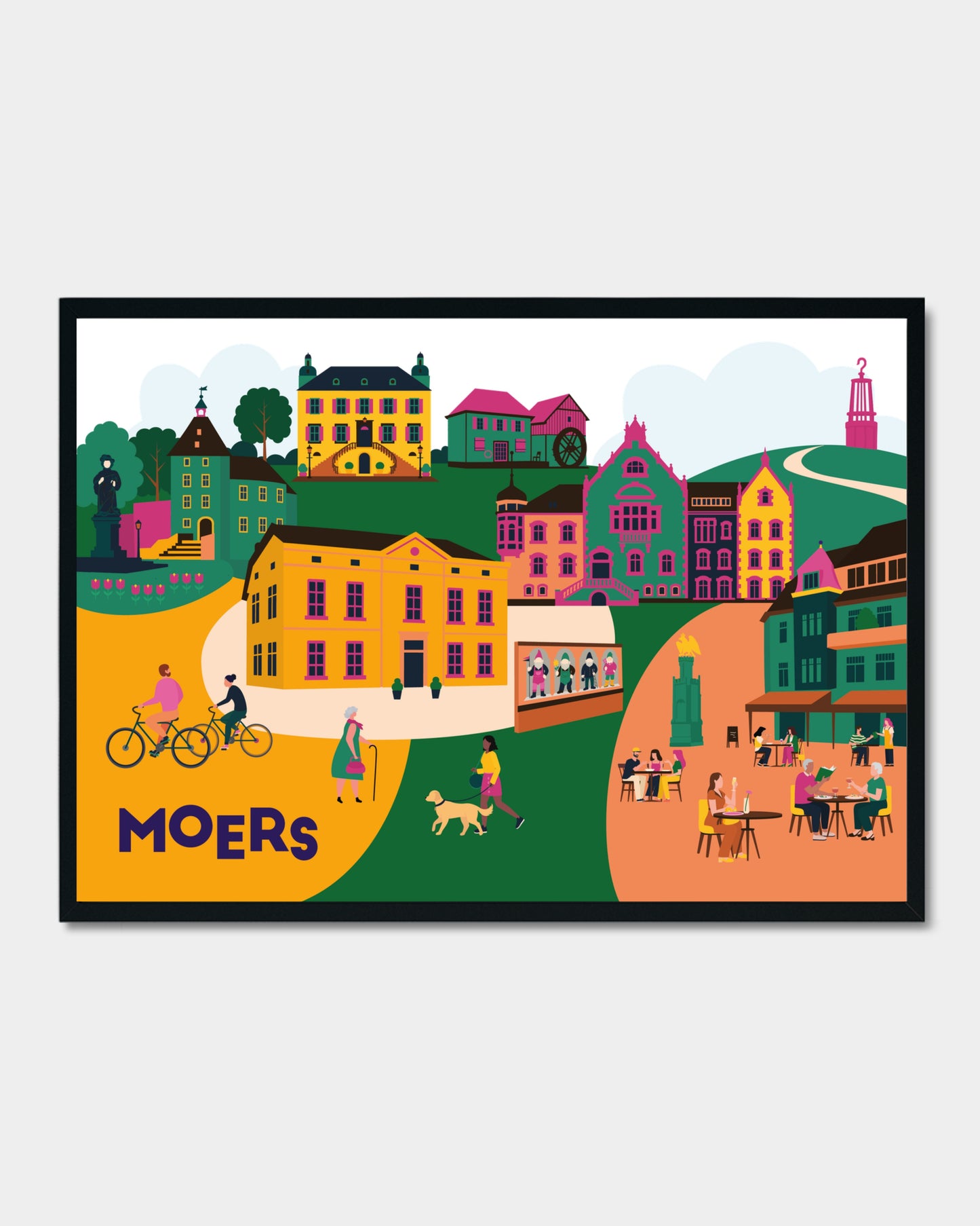 Moers-Poster mit Stadtillustration – inklusive Schloss, Geleucht und Altmarkt
