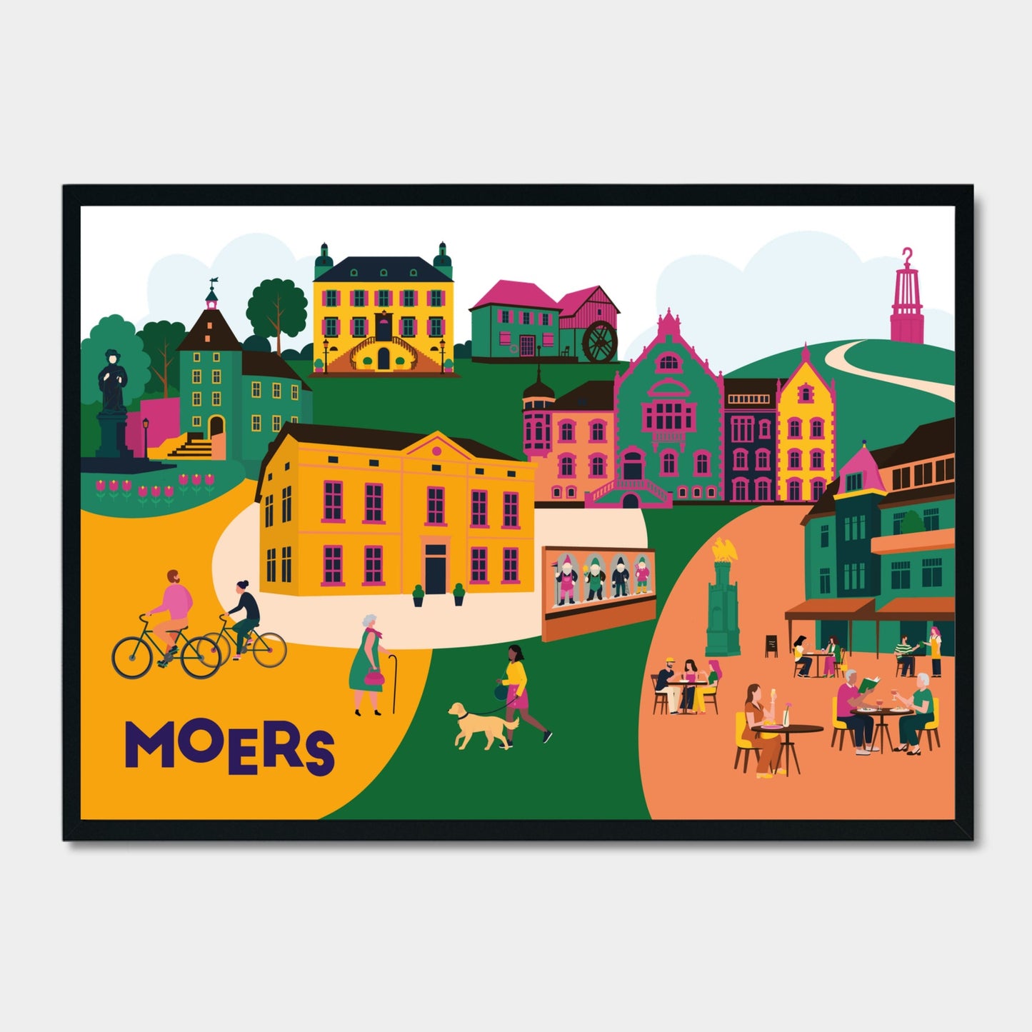 Moers-Poster mit Stadtillustration – inklusive Schloss, Geleucht und Altmarkt