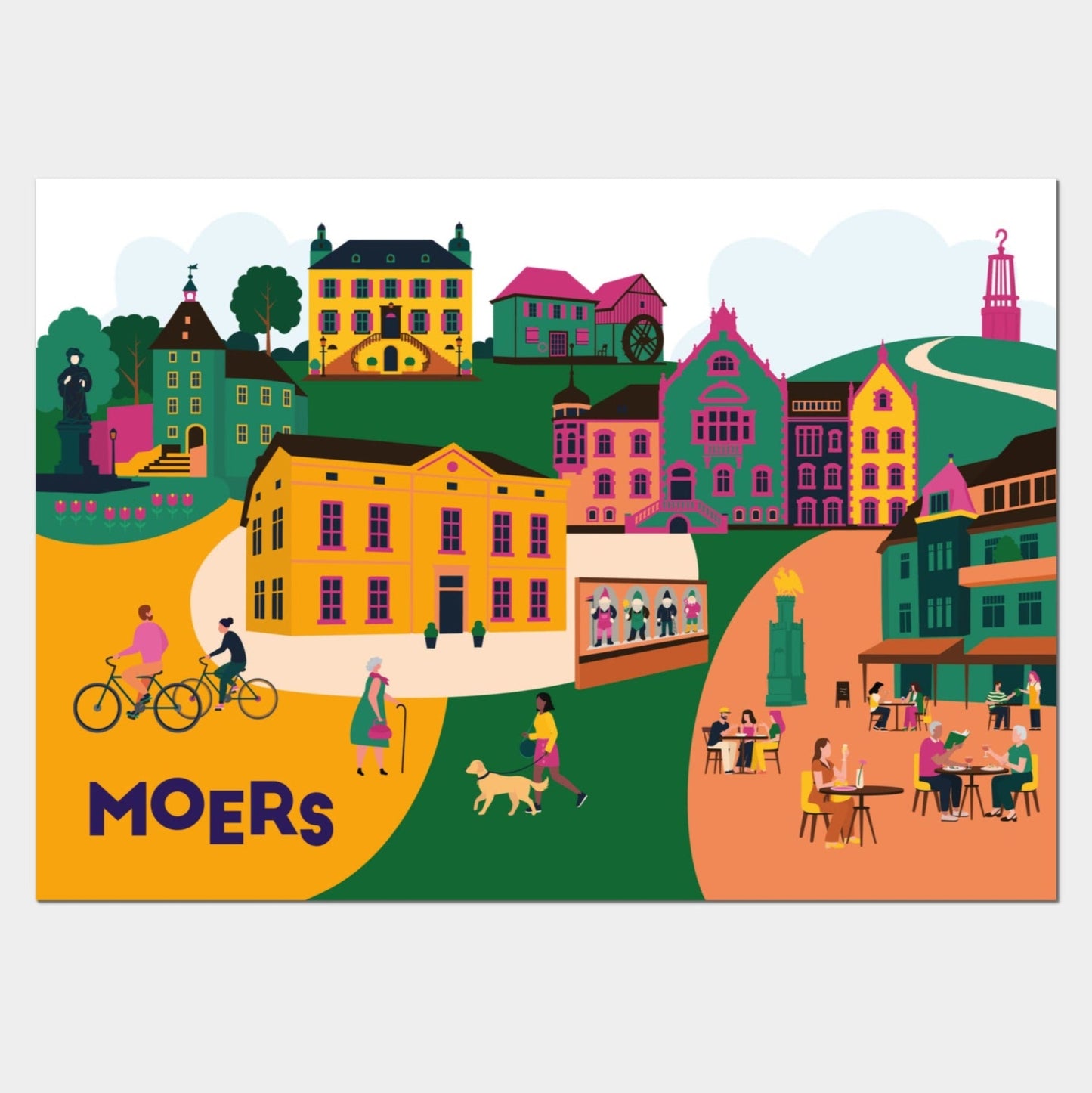 Farbenfrohes Poster mit Moers-Motiv: Zwergengasse, Schlosspark und Peschkenhaus