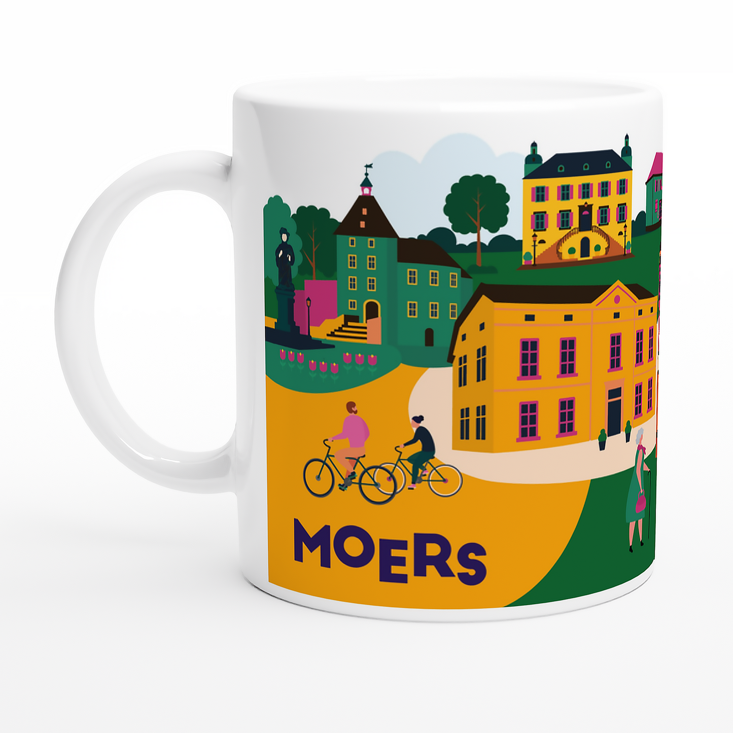 Keramiktasse mit Stadtillustration von Moers – mit Schloss, Altstadt und Geleucht