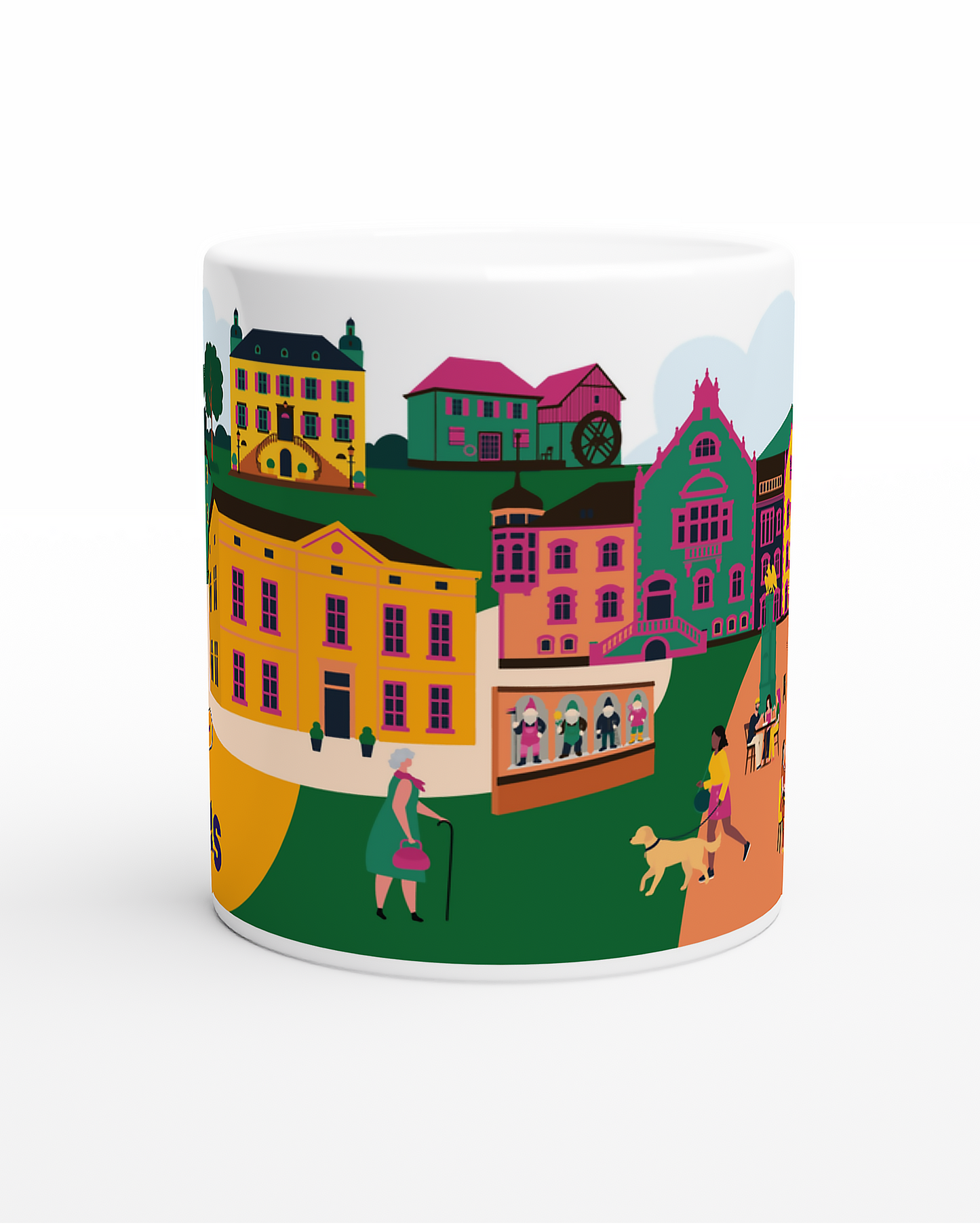 Moers-Tasse mit liebevoller Illustration und bekannten Wahrzeichen wie Zwergengasse und Schlosspark