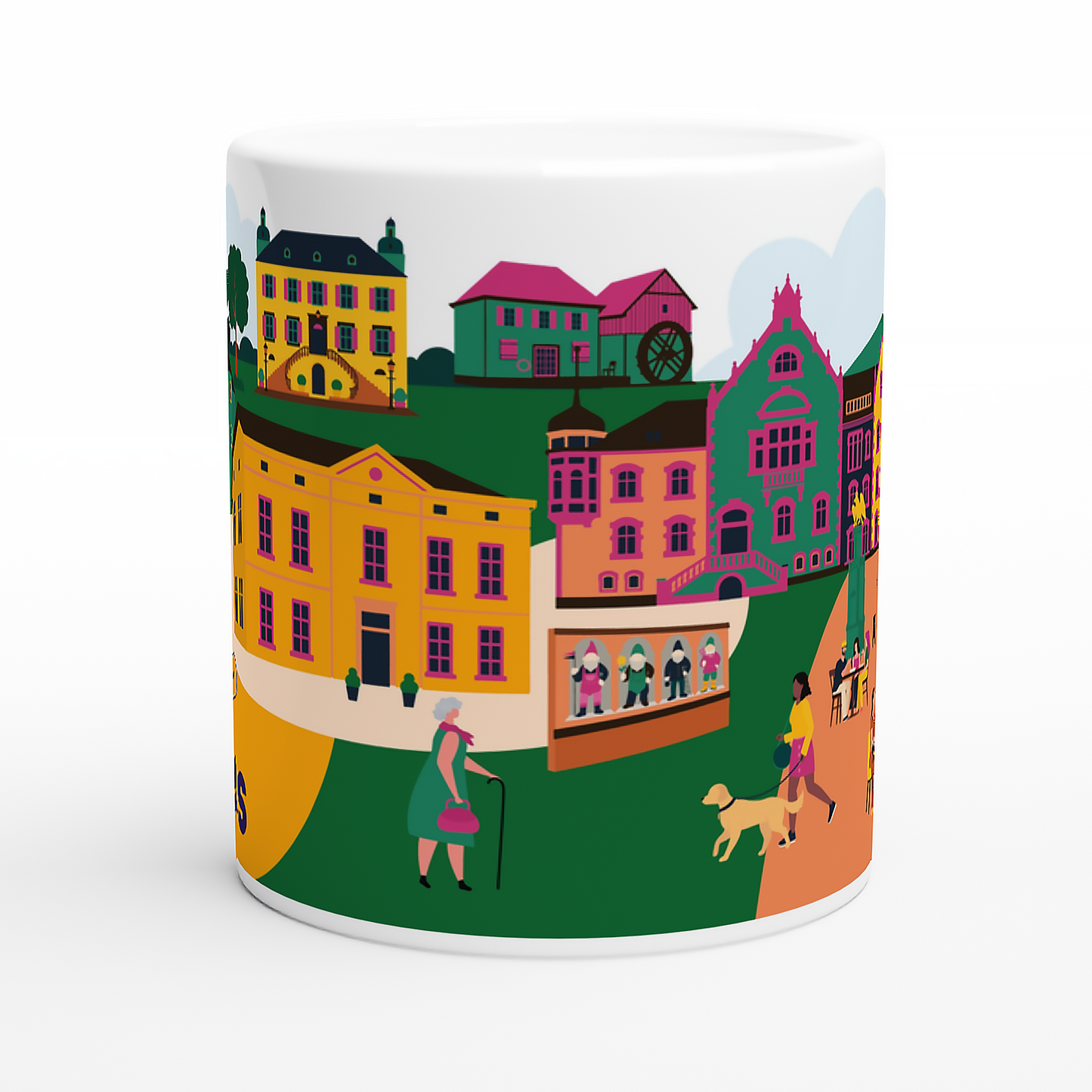 Moers-Tasse mit liebevoller Illustration und bekannten Wahrzeichen wie Zwergengasse und Schlosspark