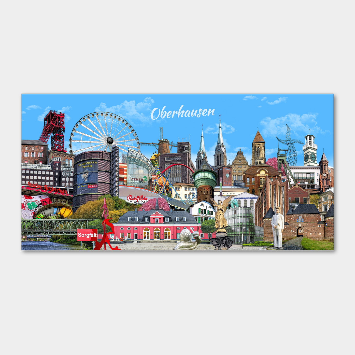 Hochwertige Oberhausen-Leinwand mit Collage der Stadtwahrzeichen.