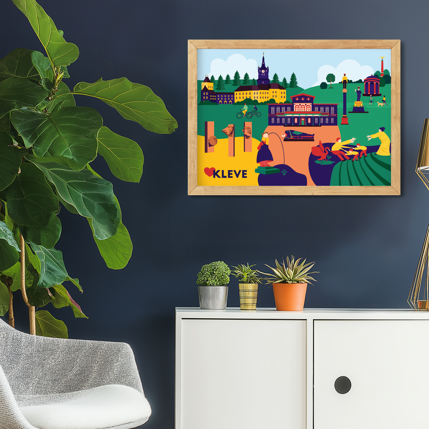 Kleve Stadtposter mit Wahrzeichen im modernen Illustrationsstil