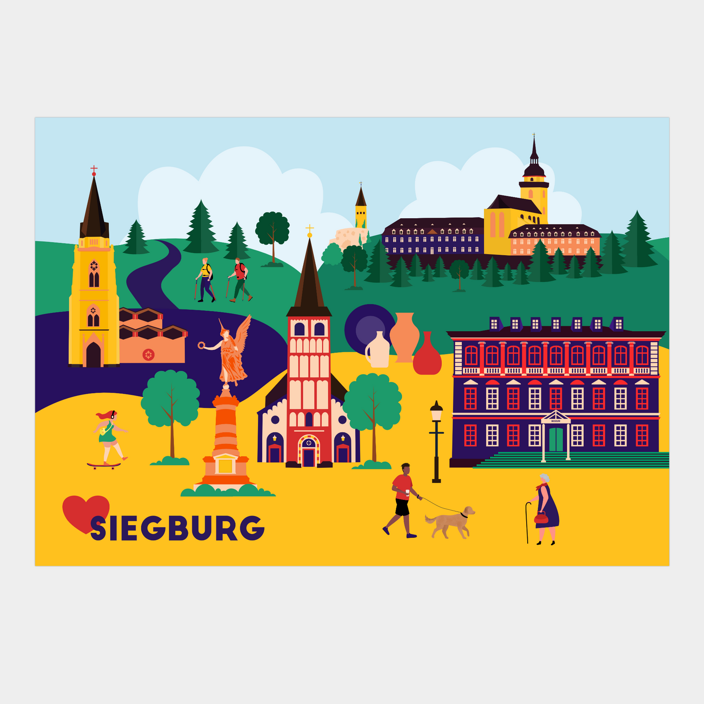 Farbiges Stadtposter von Siegburg mit bekannten Bauwerken