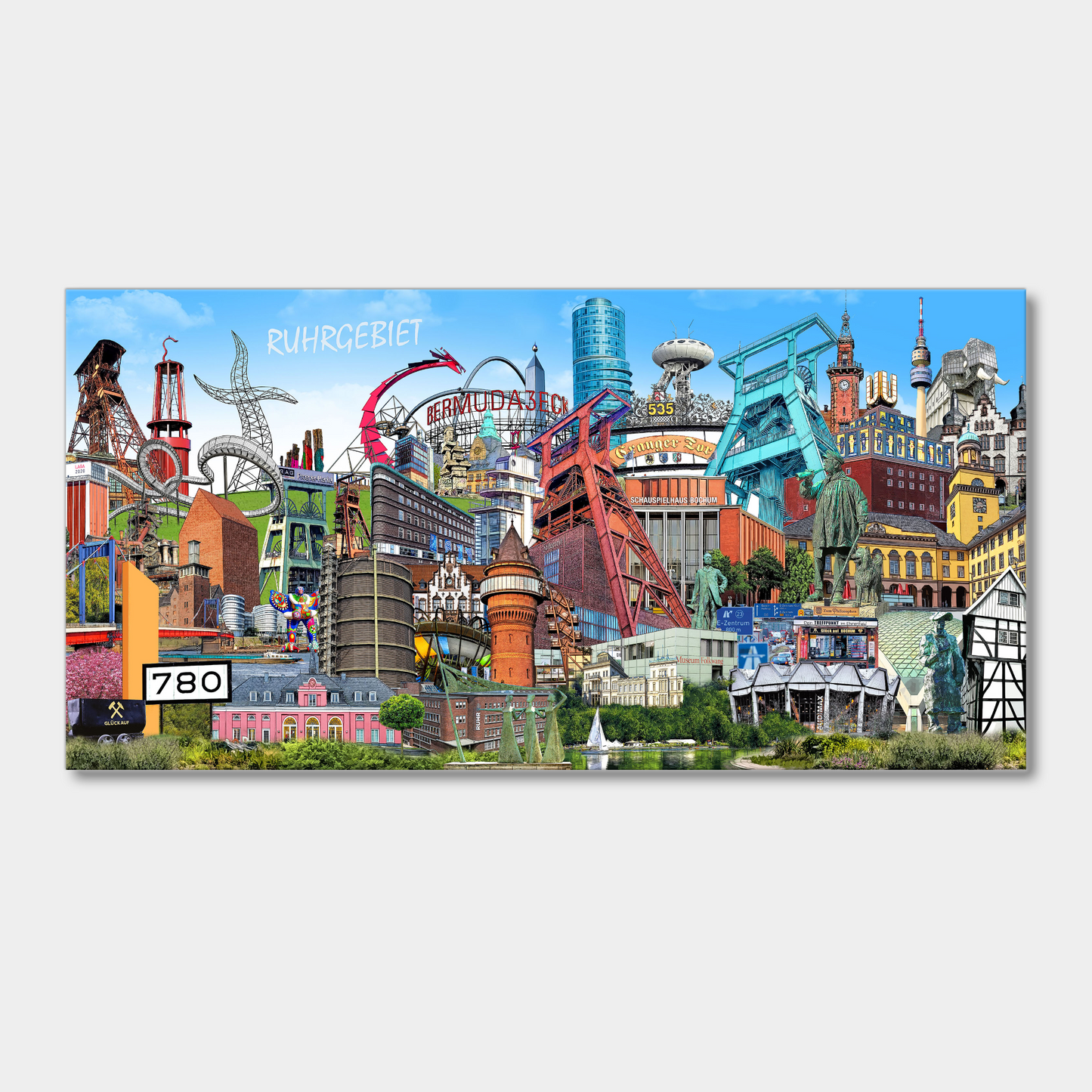 Hochwertige Leinwand mit bunter Ruhrgebiet-Collage und ikonischen Wahrzeichen.