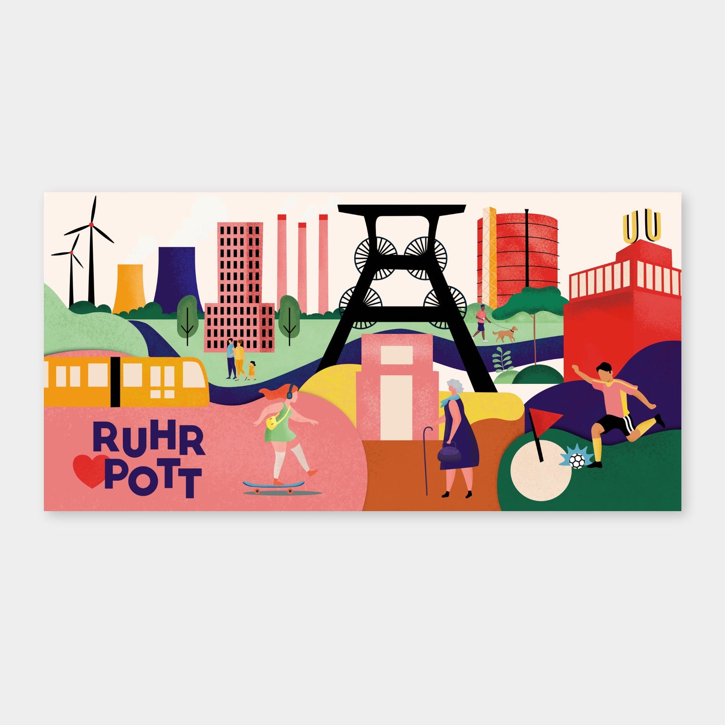 Moderne Illustration des Ruhrgebiets mit Zeche Zollverein, Dortmunder U und Gasometer auf Leinwand