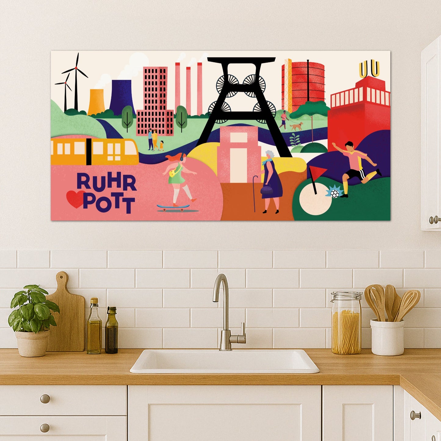 Farbenfrohes Wandbild mit ikonischen Ruhrpott-Motiven als Fine Art Print