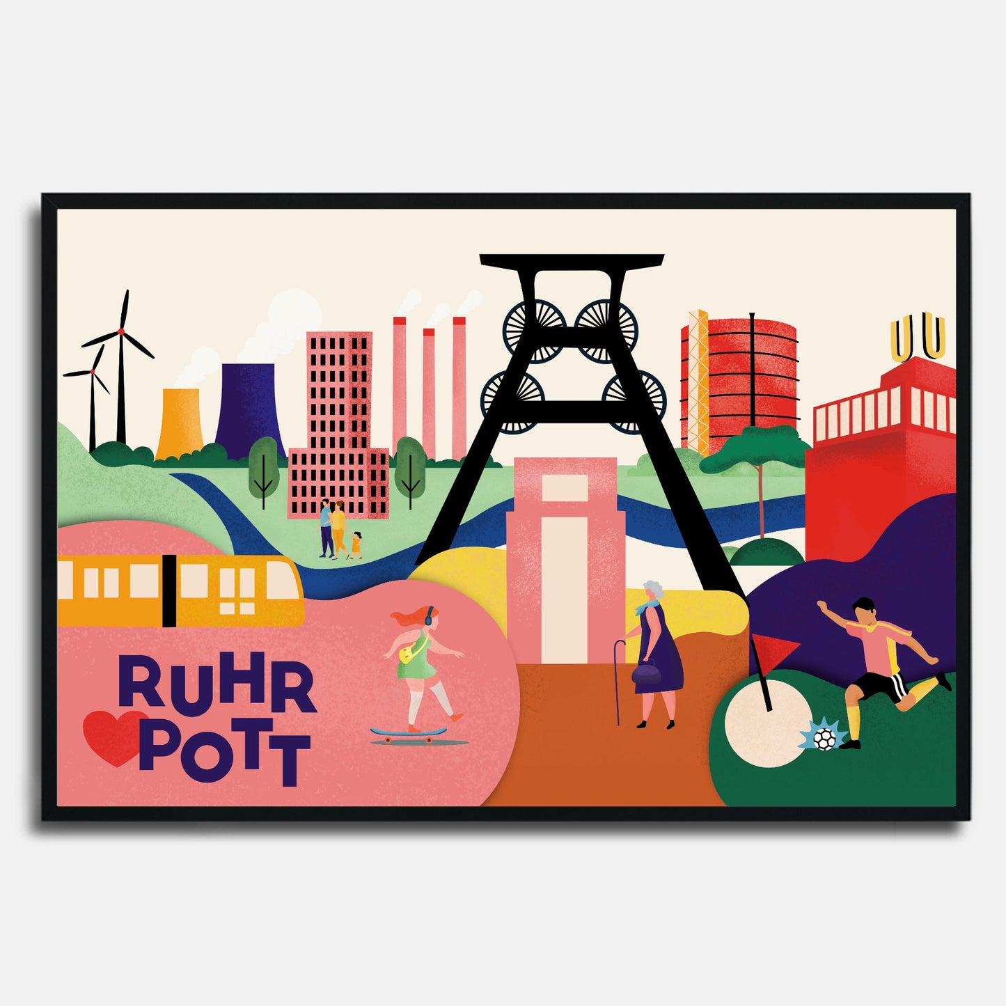 Illustration des Ruhrgebiets mit Zeche Zollverein, Dortmunder U und Gasometer als buntes Poster