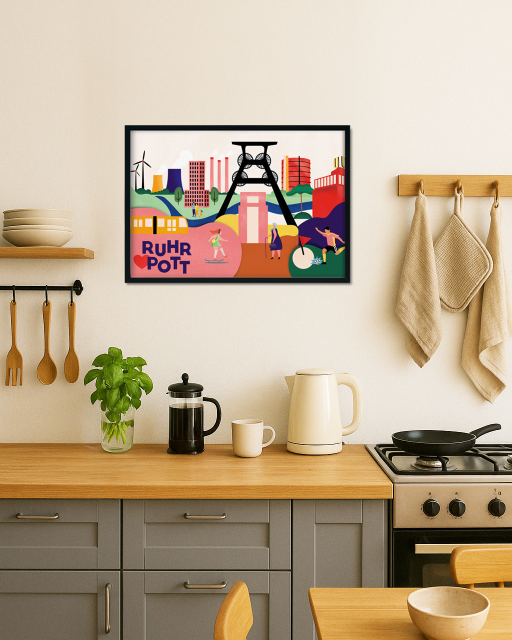 Grafisches Poster mit Ruhrgebiet-Highlights im modernen Illustrationsstil