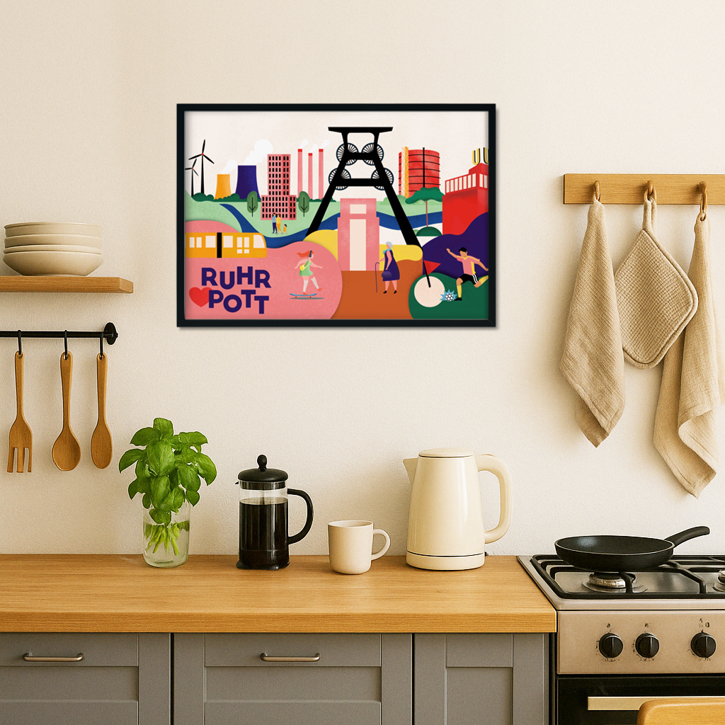 Grafisches Poster mit Ruhrgebiet-Highlights im modernen Illustrationsstil