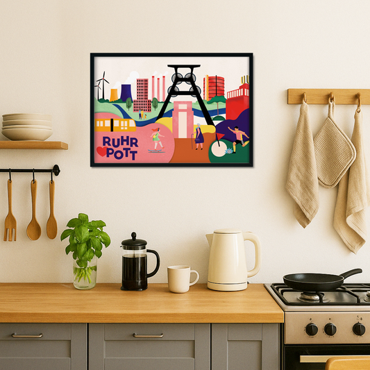 Grafisches Poster mit Ruhrgebiet-Highlights im modernen Illustrationsstil