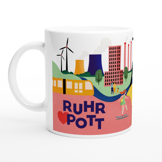 Weiße Keramiktasse mit farbenfroher Illustration des Ruhrgebiets und Förderturm