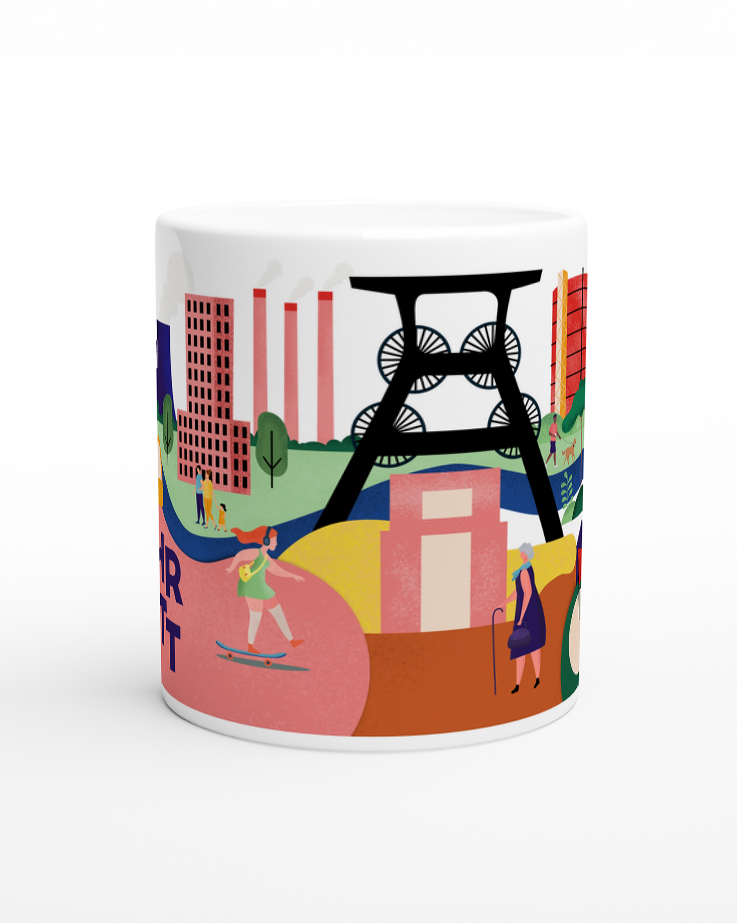 Design-Tasse mit Ruhrpott-Motiven wie Zeche Zollverein, Dortmunder U und Gasometer