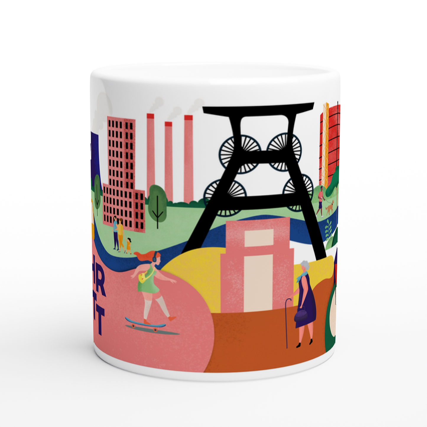 Design-Tasse mit Ruhrpott-Motiven wie Zeche Zollverein, Dortmunder U und Gasometer