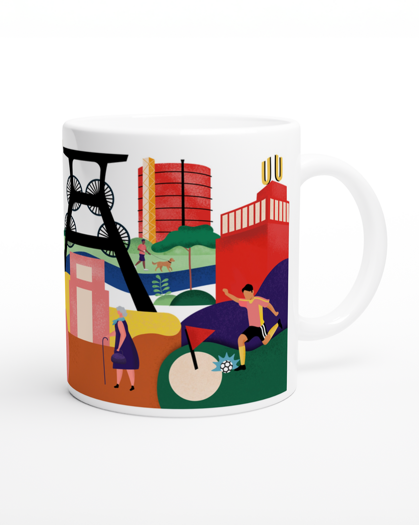 Kaffeetasse mit urbaner Ruhrgebiet-Illustration in bunten Farben