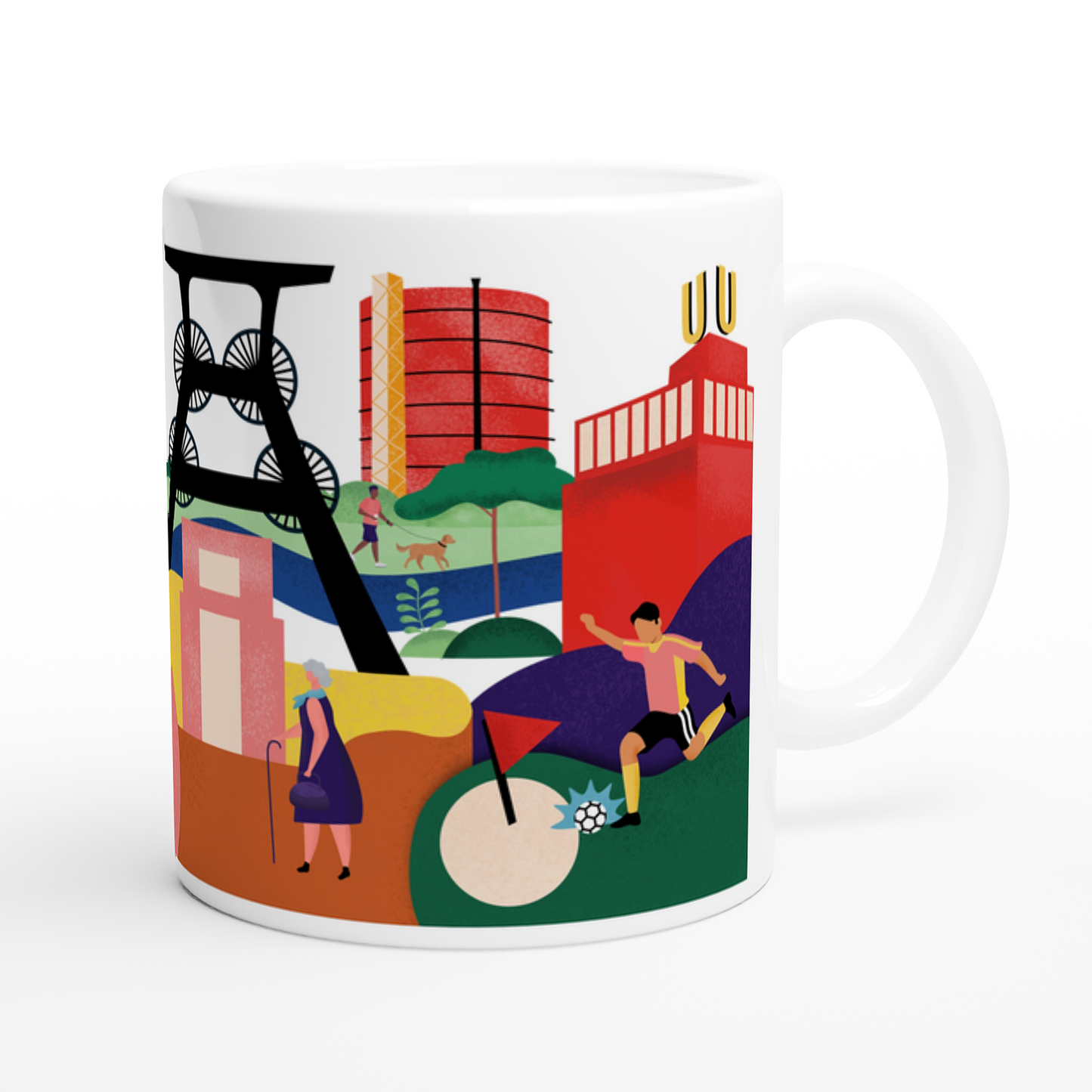 Kaffeetasse mit urbaner Ruhrgebiet-Illustration in bunten Farben