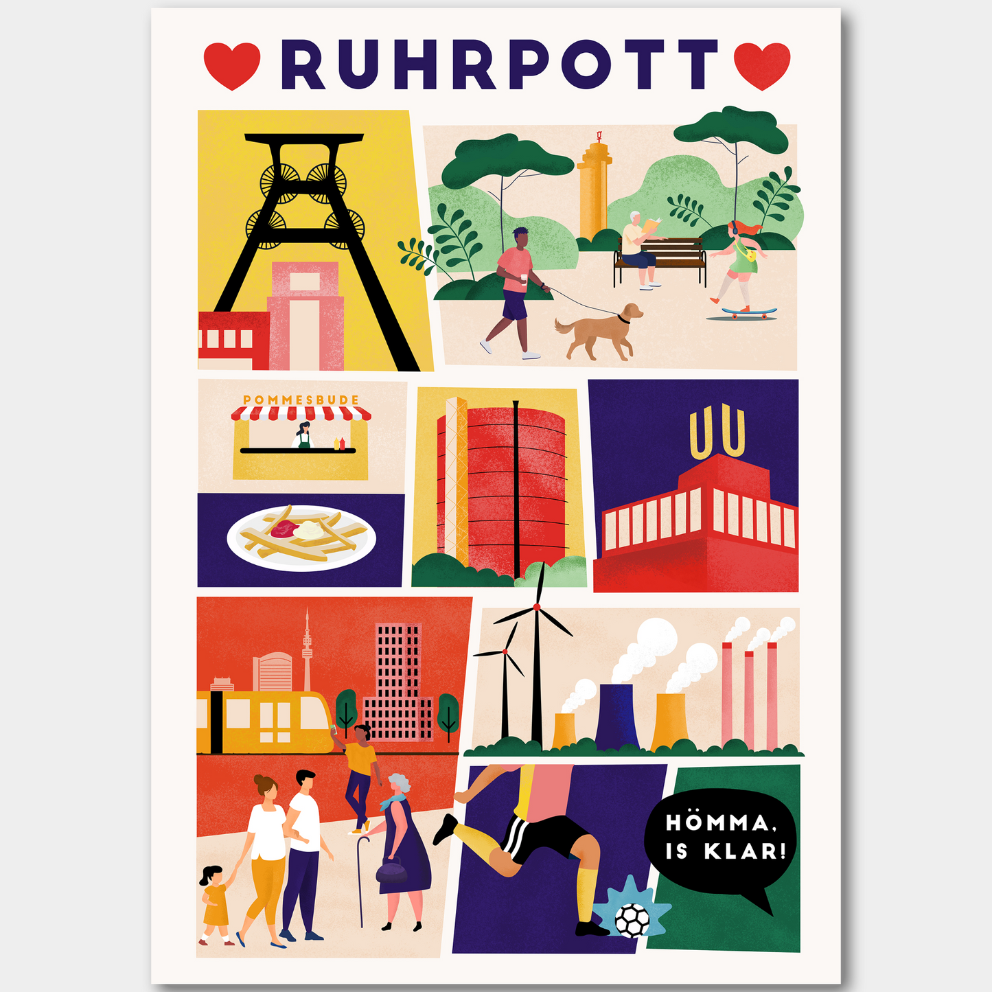 Moderne Ruhrpott-Leinwand mit bunten Illustrationen und Ruhrgebietsmotiven.