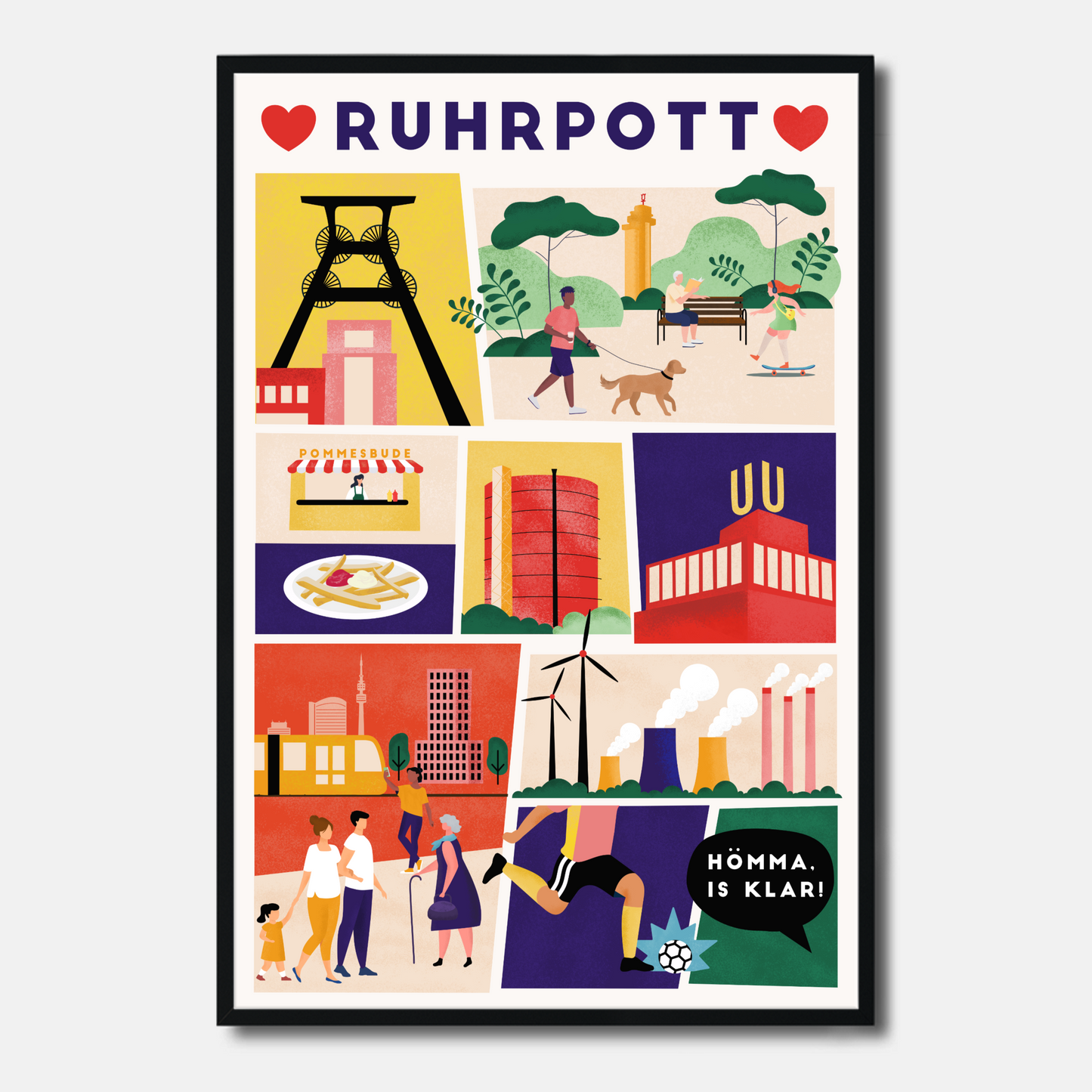 Modernes Ruhrpott-Poster mit bunten Illustrationen und Ruhrgebietsmotiven.
