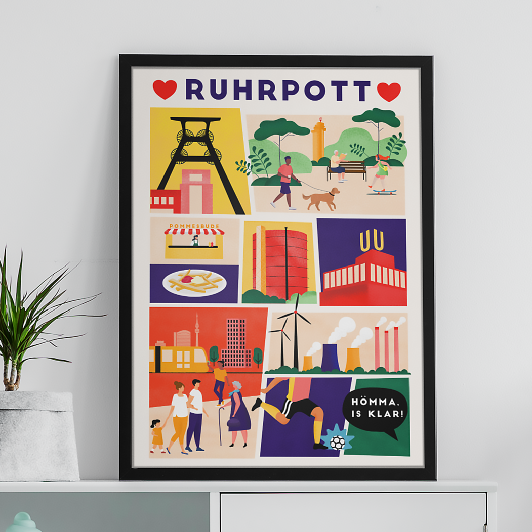 Hochwertiger Druck mit typischen Ruhrpott-Szenen wie Zeche Zollverein, Dortmunder U und Gasometer.
