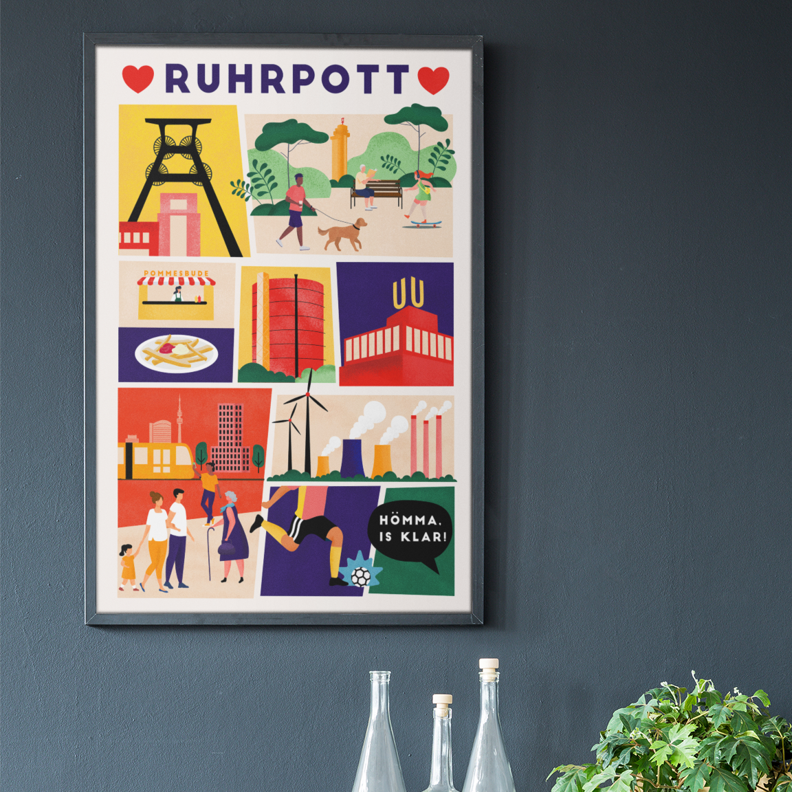 Farbenfrohes Wandbild mit Ruhrgebietswahrzeichen und urbanem Design.