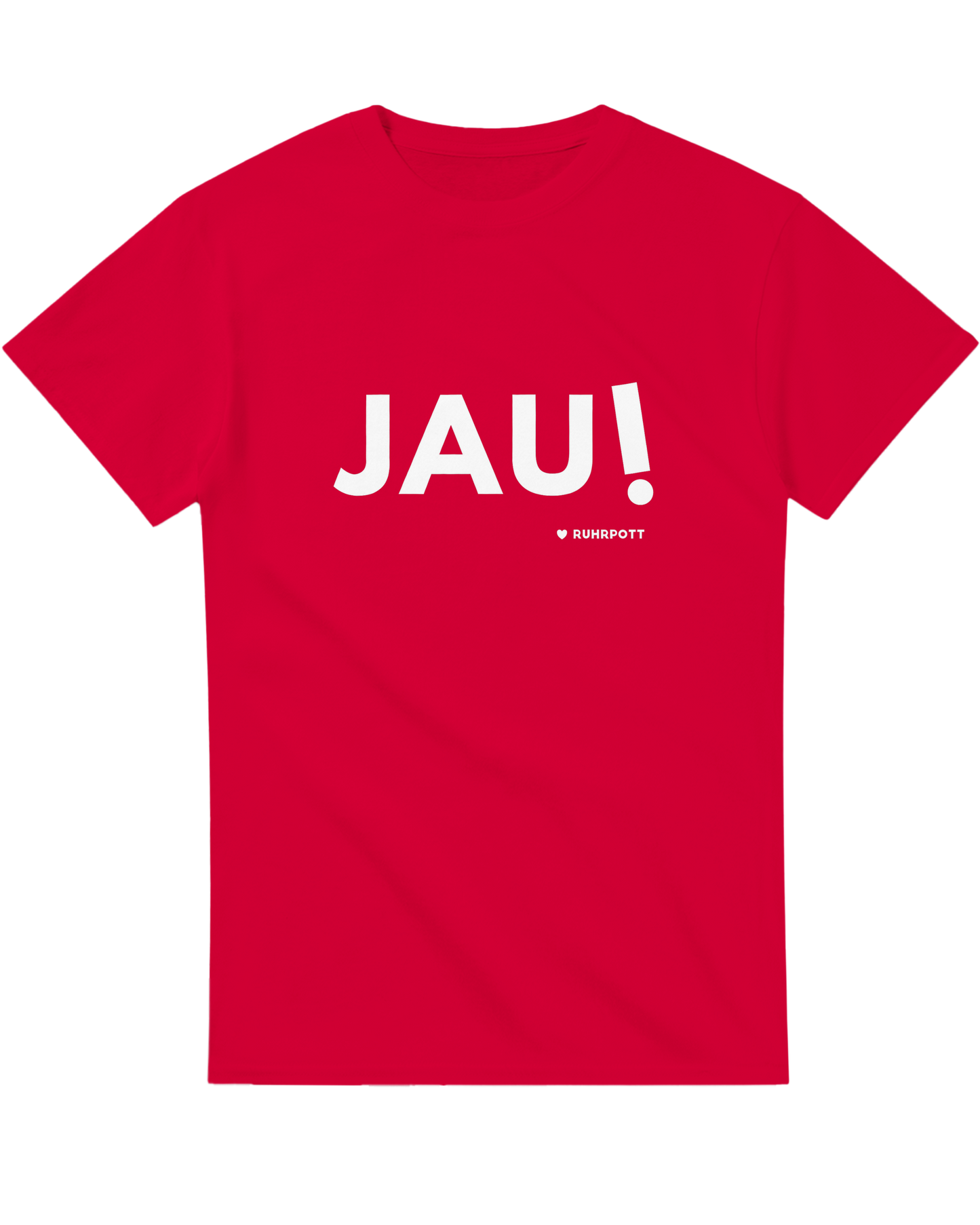 Rotes Ruhrpott-T-Shirt mit „JAU!“ Aufdruck in Weiß.