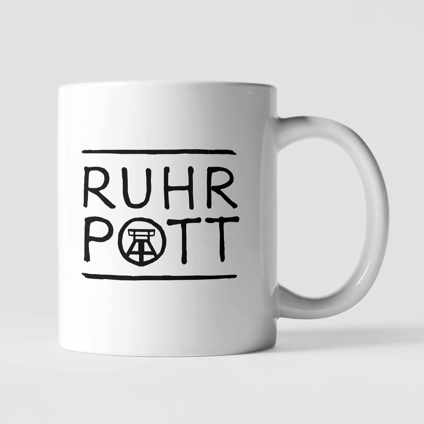 Minimalistische Ruhrpott-Tasse mit handgezeichnetem Design, perfekt für Kaffee- und Teeliebhaber.